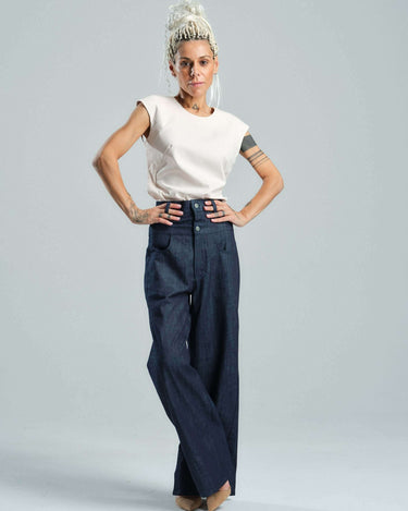 Double-Waistband Jeans in Navy