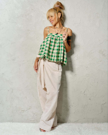 Relaxed Elegance – Beige Linen-Cotton Tie-Waist Pants