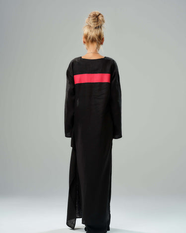 Back view of a black tunic with a red stripe, featuring a modern design and side slit for added style.