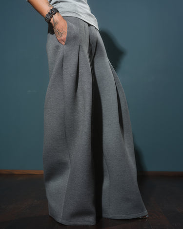 Model wearing Gray Wide-Leg Structured Pants showcasing deep pleats and functional side pockets.