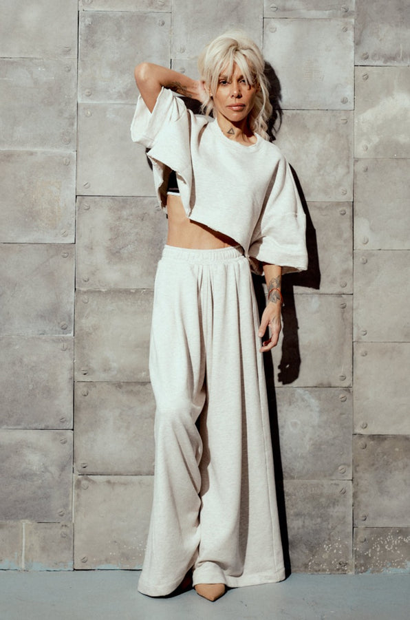 Ecru Loungewear Set with Cropped Top and Wide-Leg Pants