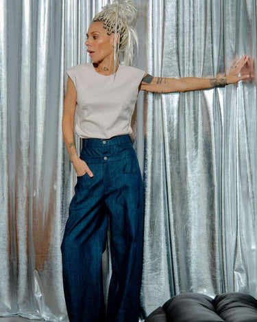 Double-Waistband Jeans in Navy