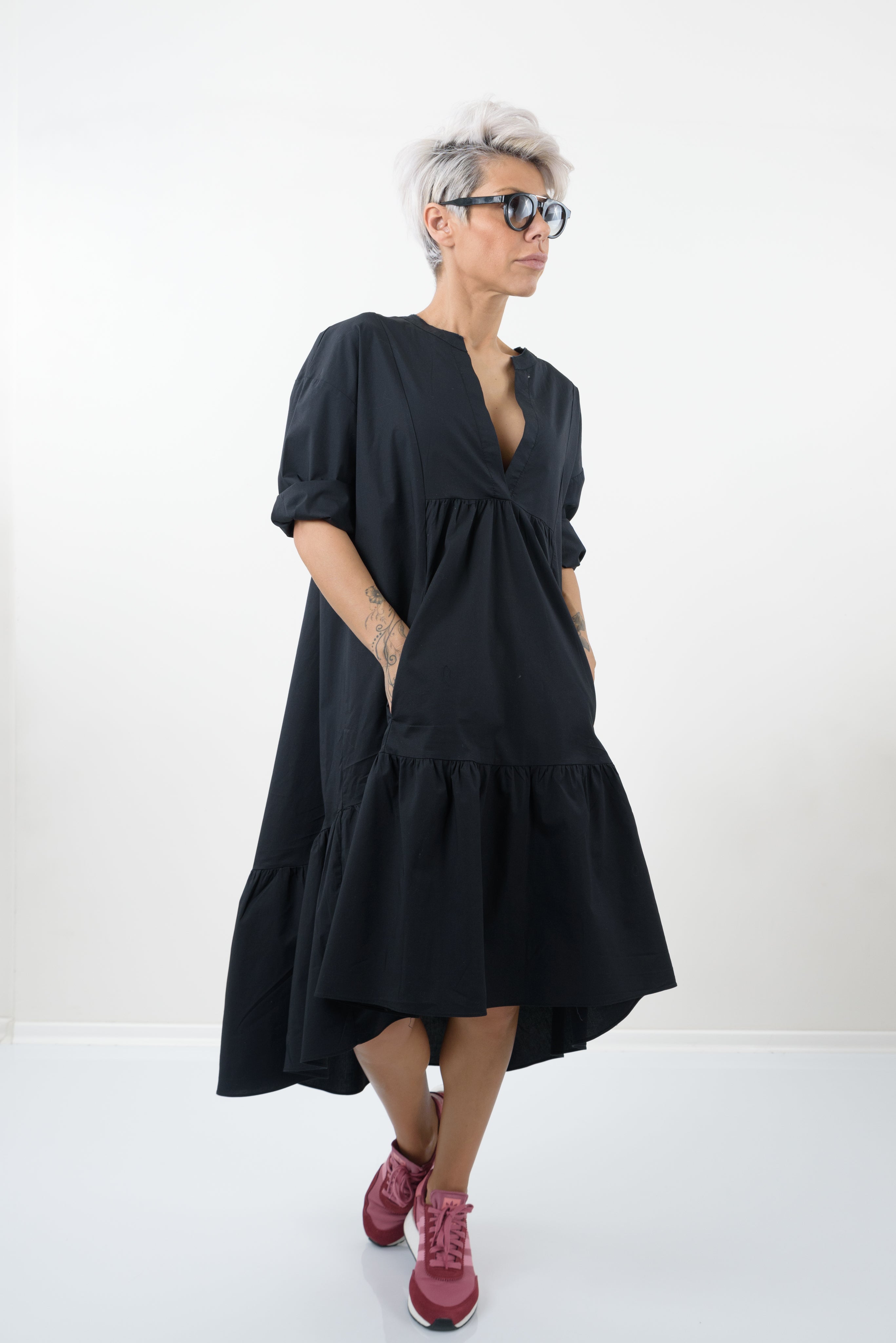 Kcocoo Womens Oversized Midi Tshirt Dress Casual Loose Plus Size Long  Sleeve Tunic Dress with Pockets(Black,M)