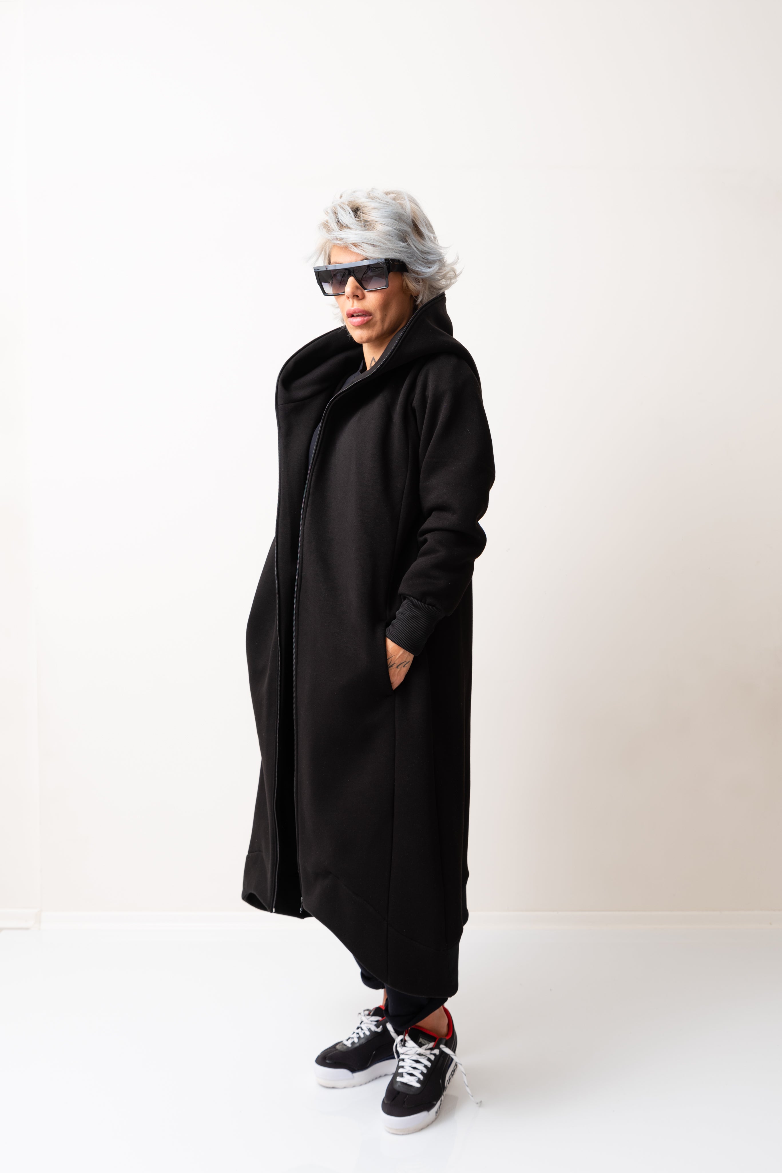Black Warm Oversized Quilted Hoodie Sweatshirt  with Long Sleeves and Front Zipper - Clothes By Locker Room