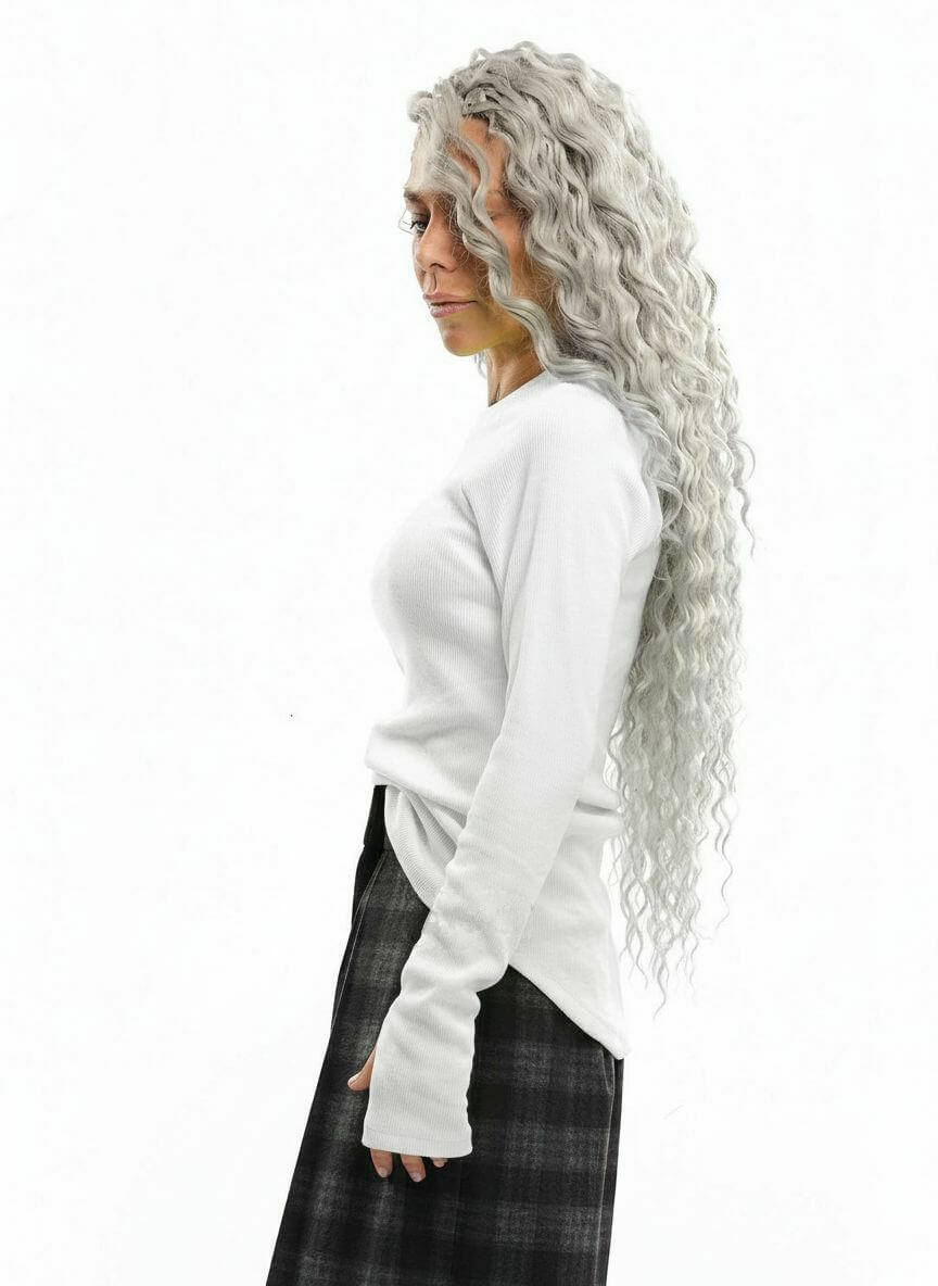 White Rib-Knit Top worn by a model showing slim-fit design and thumbhole sleeves.