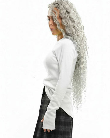 White Rib-Knit Top worn by a model showing slim-fit design and thumbhole sleeves.