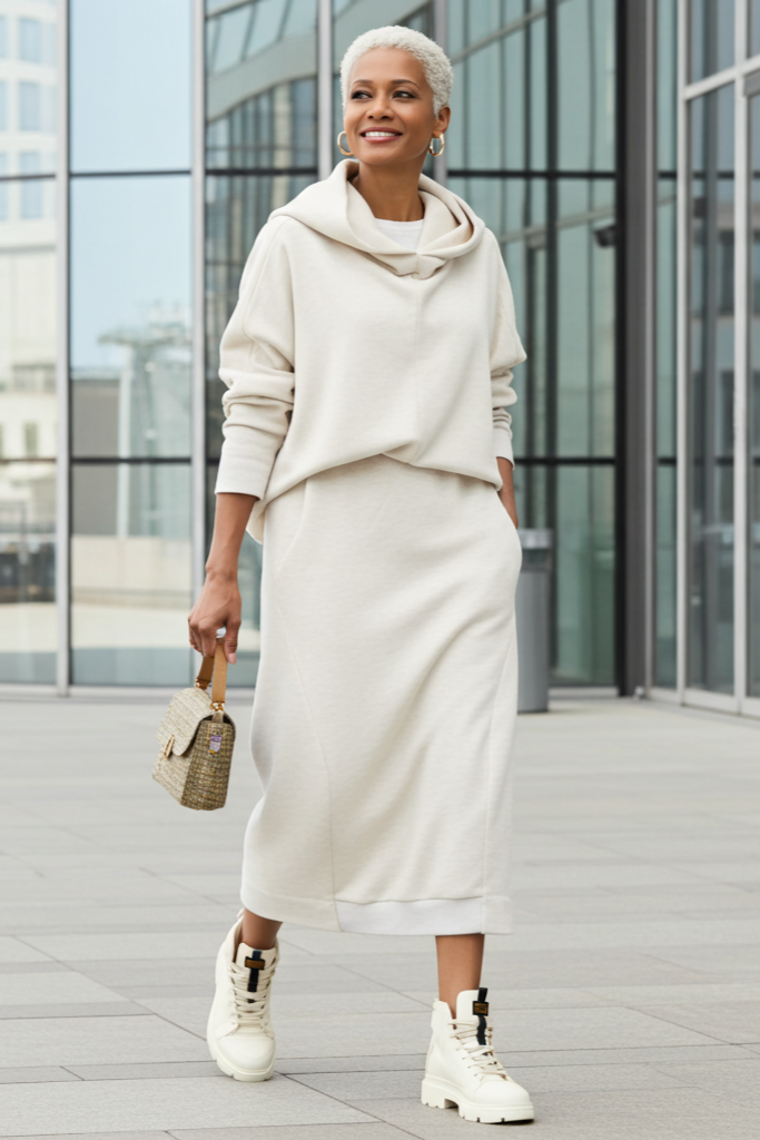 Cream Hoodie and Skirt Sweatsuit Set