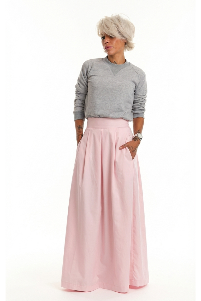 High-Waisted Baby Pink Maxi Skirt with Elastic Waistband