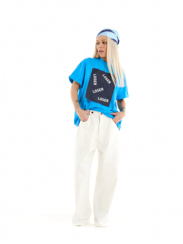 Blue Graphic Tee & White Jeans Outfit Set