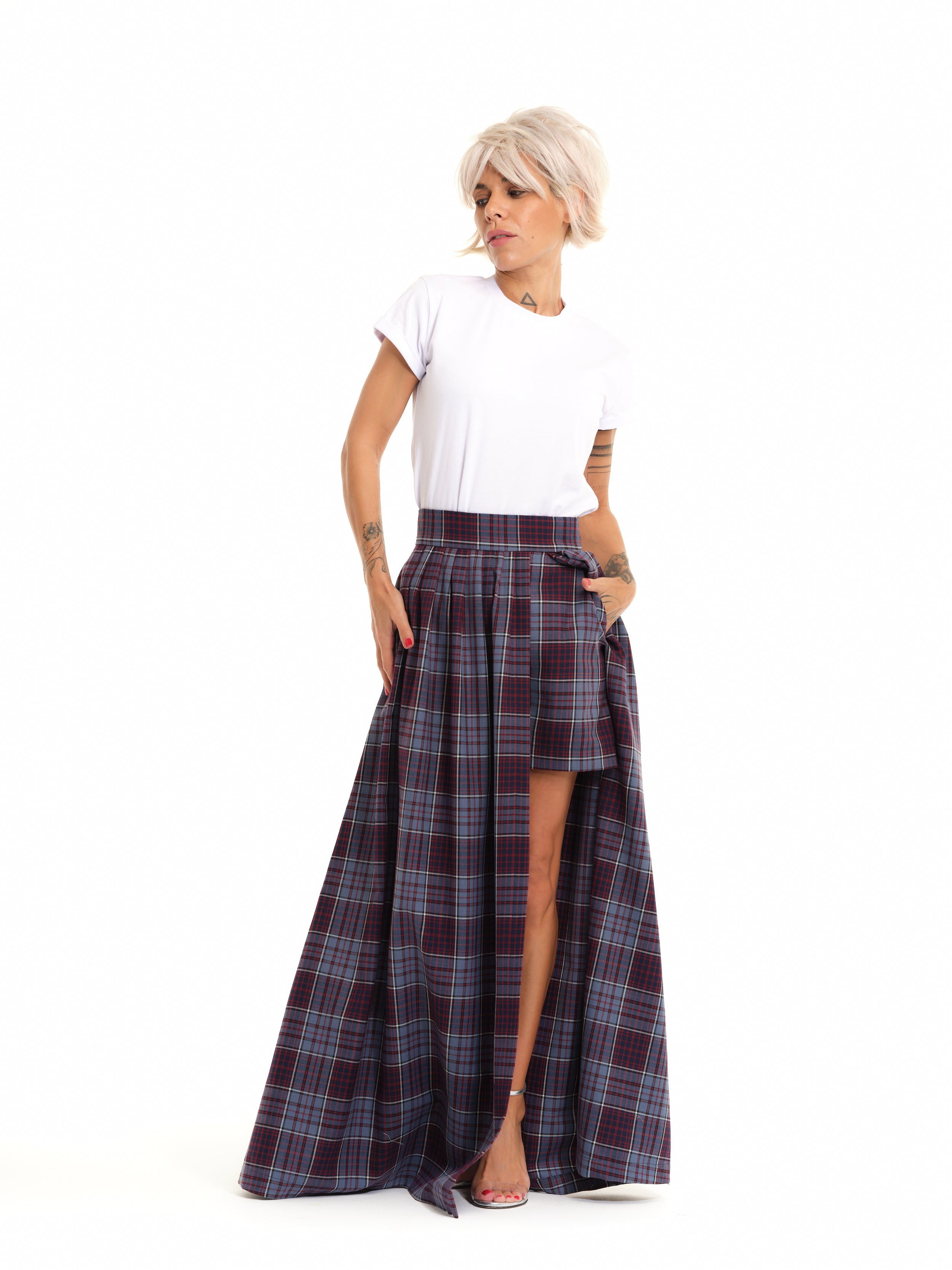 Blue Plaid Maxi Skirt with Shorts