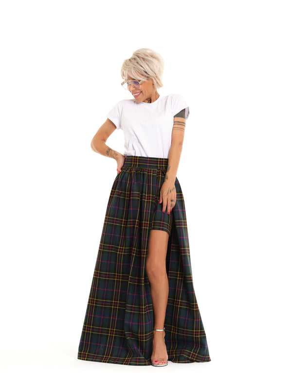 Green Plaid Maxi Skirt with Shorts