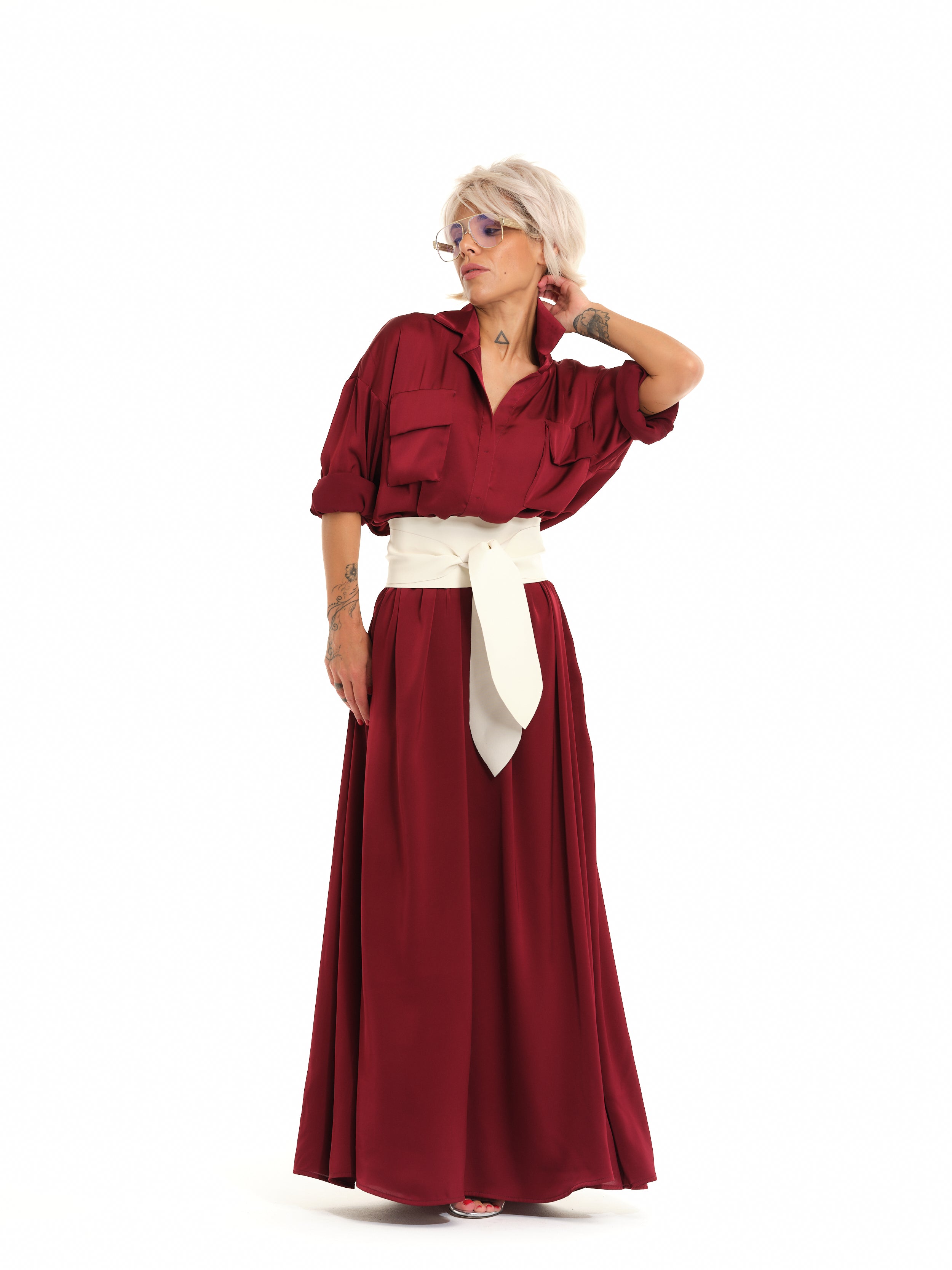 Red Belted Maxi Shirt Dress