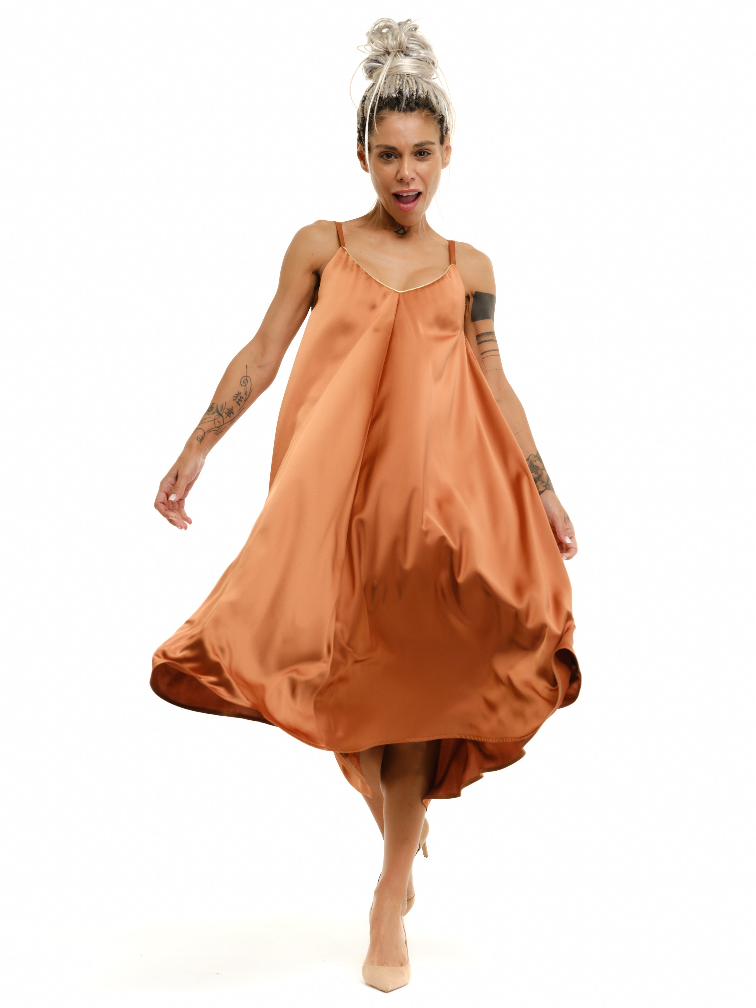 Orange Brown Satin Dress