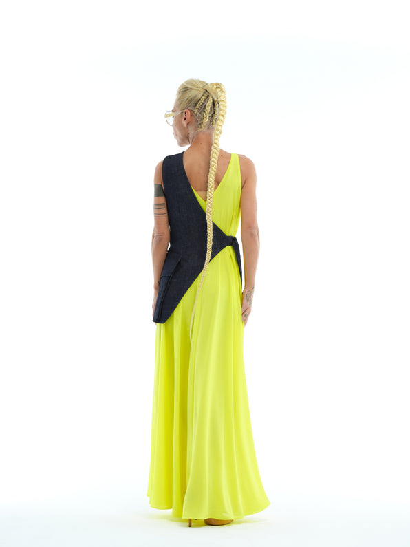 Denim-Detail Neon Green Maxi Dress