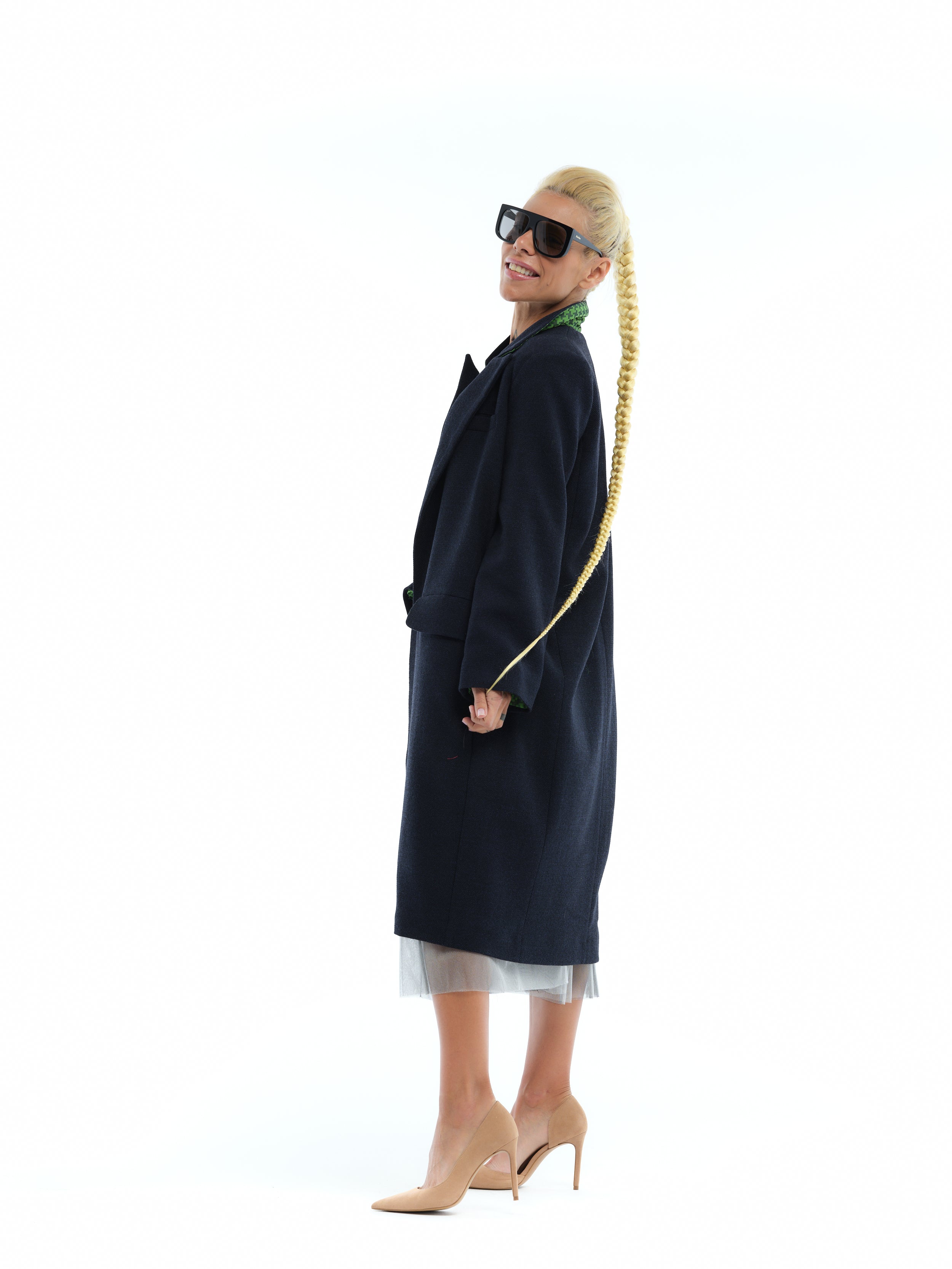 Relaxed Navy Coat with Contrast Lining