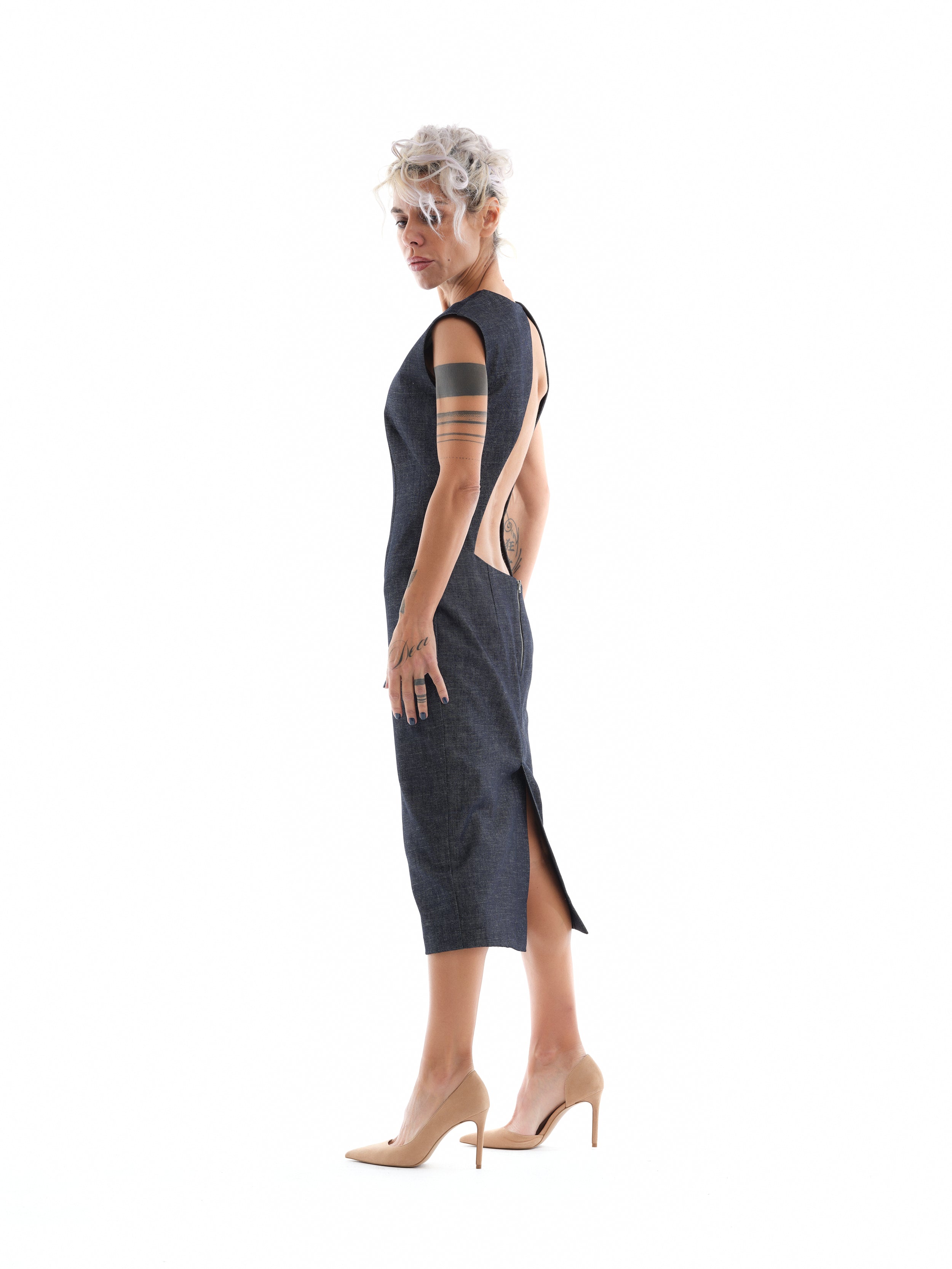 Denim Cutout Midi Dress M Denim Cutout Midi Dress M