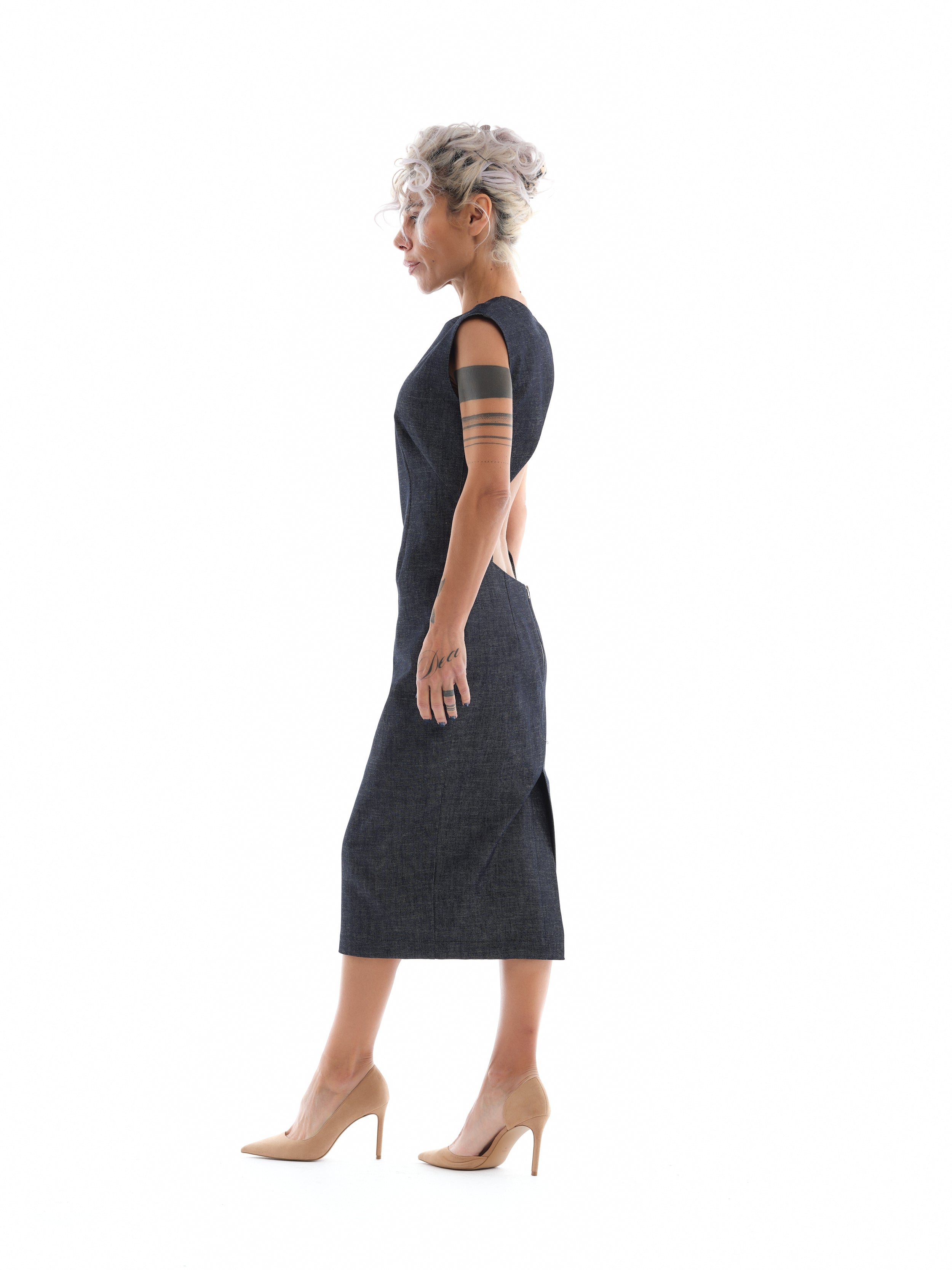 Denim Cutout Midi Dress M Denim Cutout Midi Dress M