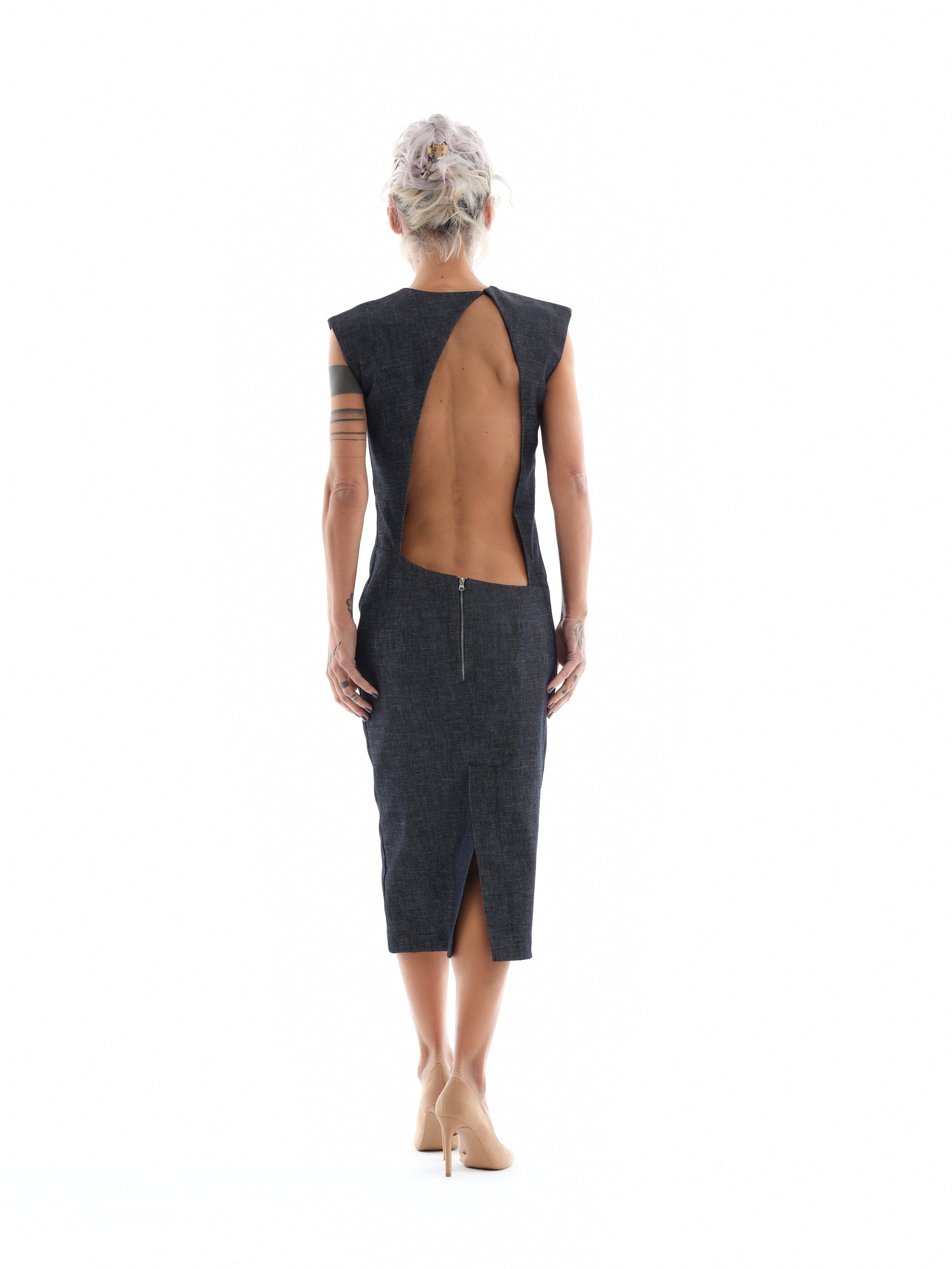 low back denim dress Denim Boatneck Open-Back Mini Dress