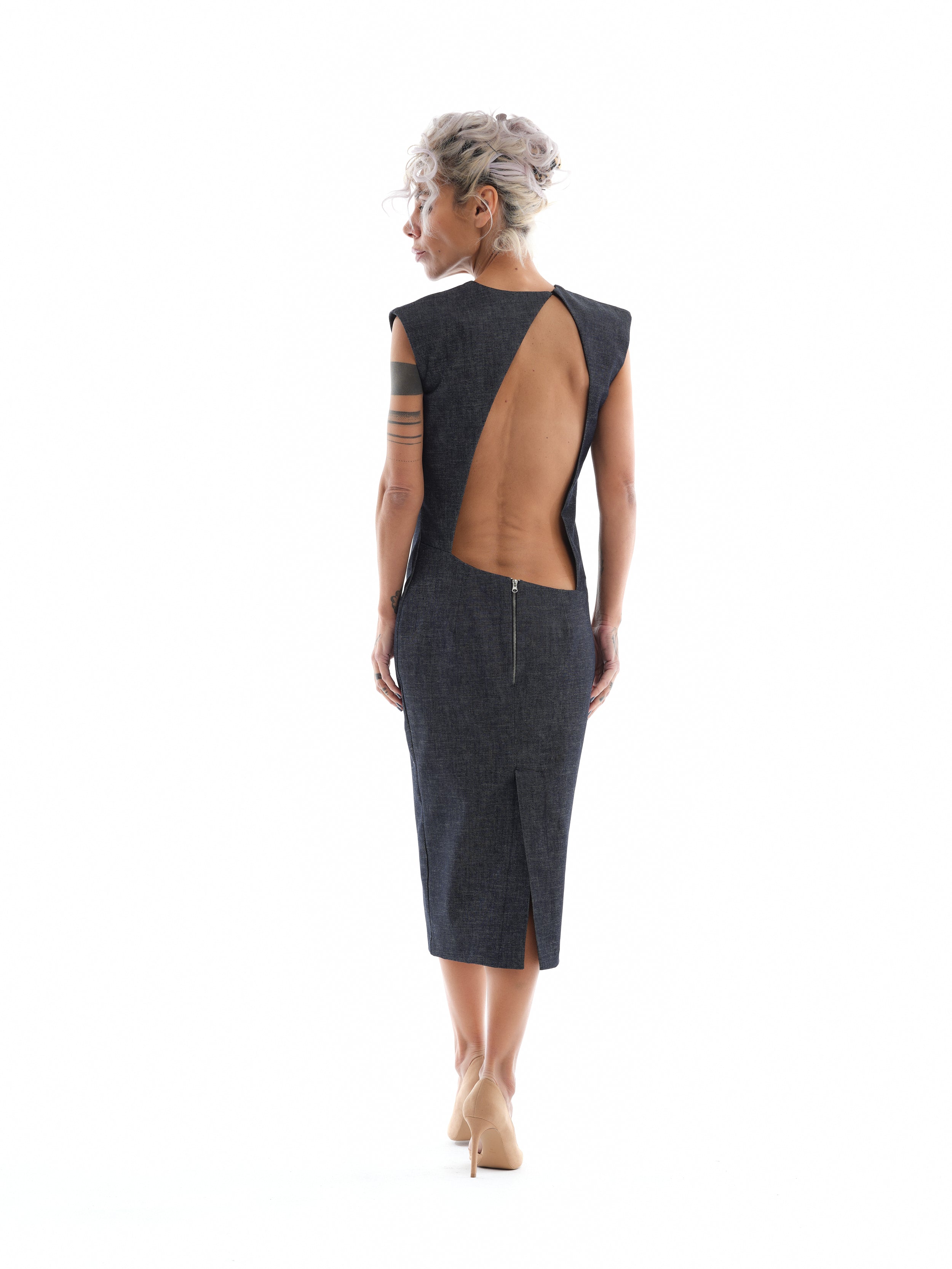 Denim Cutout Midi Dress M Denim Cutout Midi Dress M