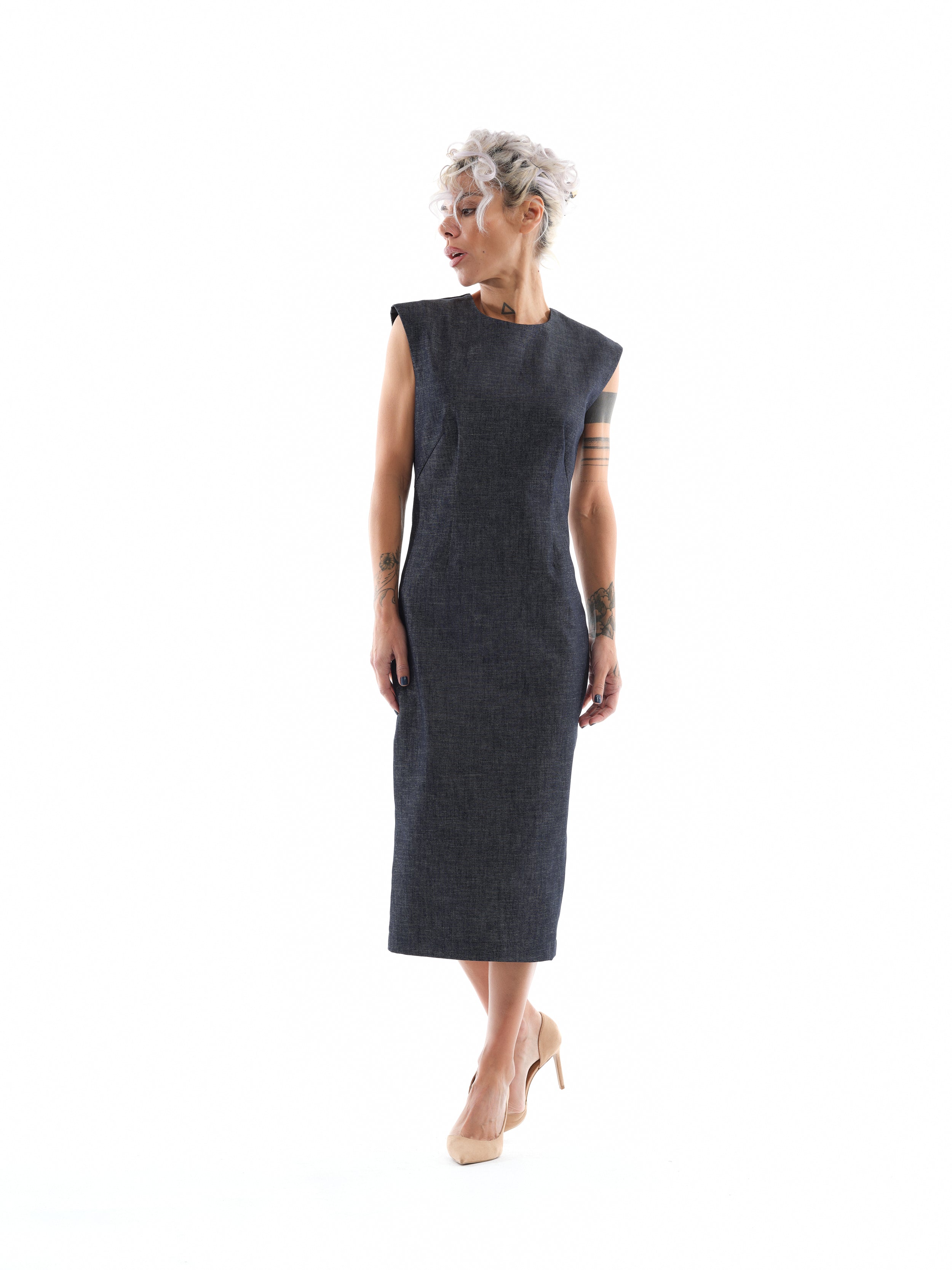 Denim Cutout Midi Dress M Denim Cutout Midi Dress M