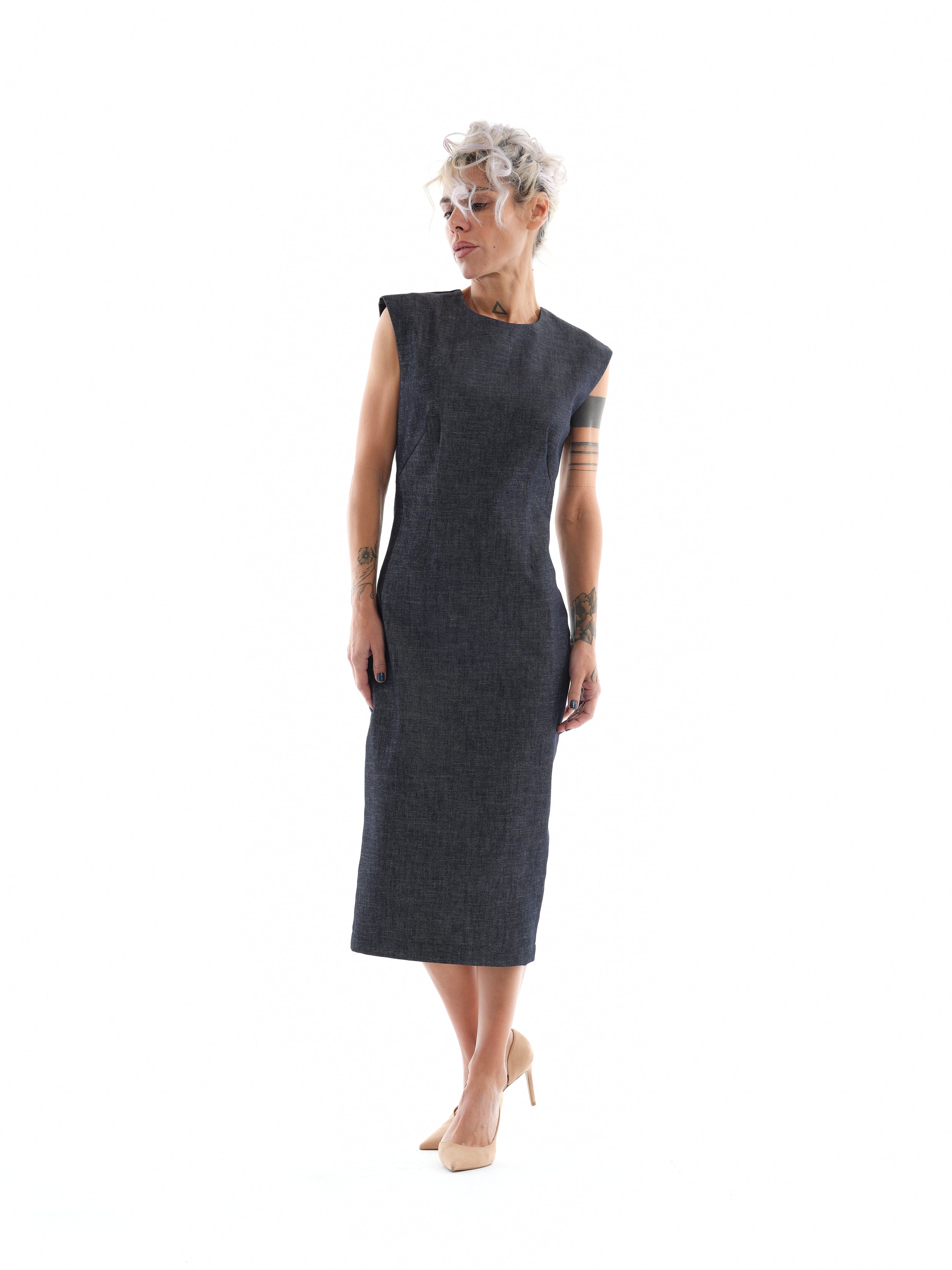denim dress with cut out sides denim one shoulder dress w/side cut-out LT. Wash / SMALL