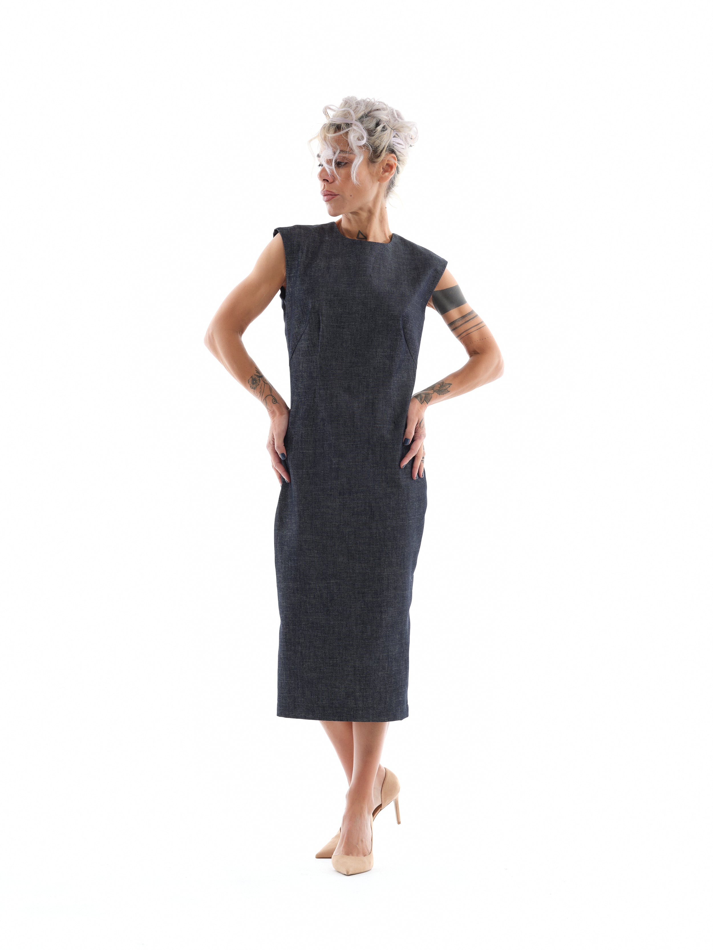 Denim Cutout Midi Dress M Denim Cutout Midi Dress M