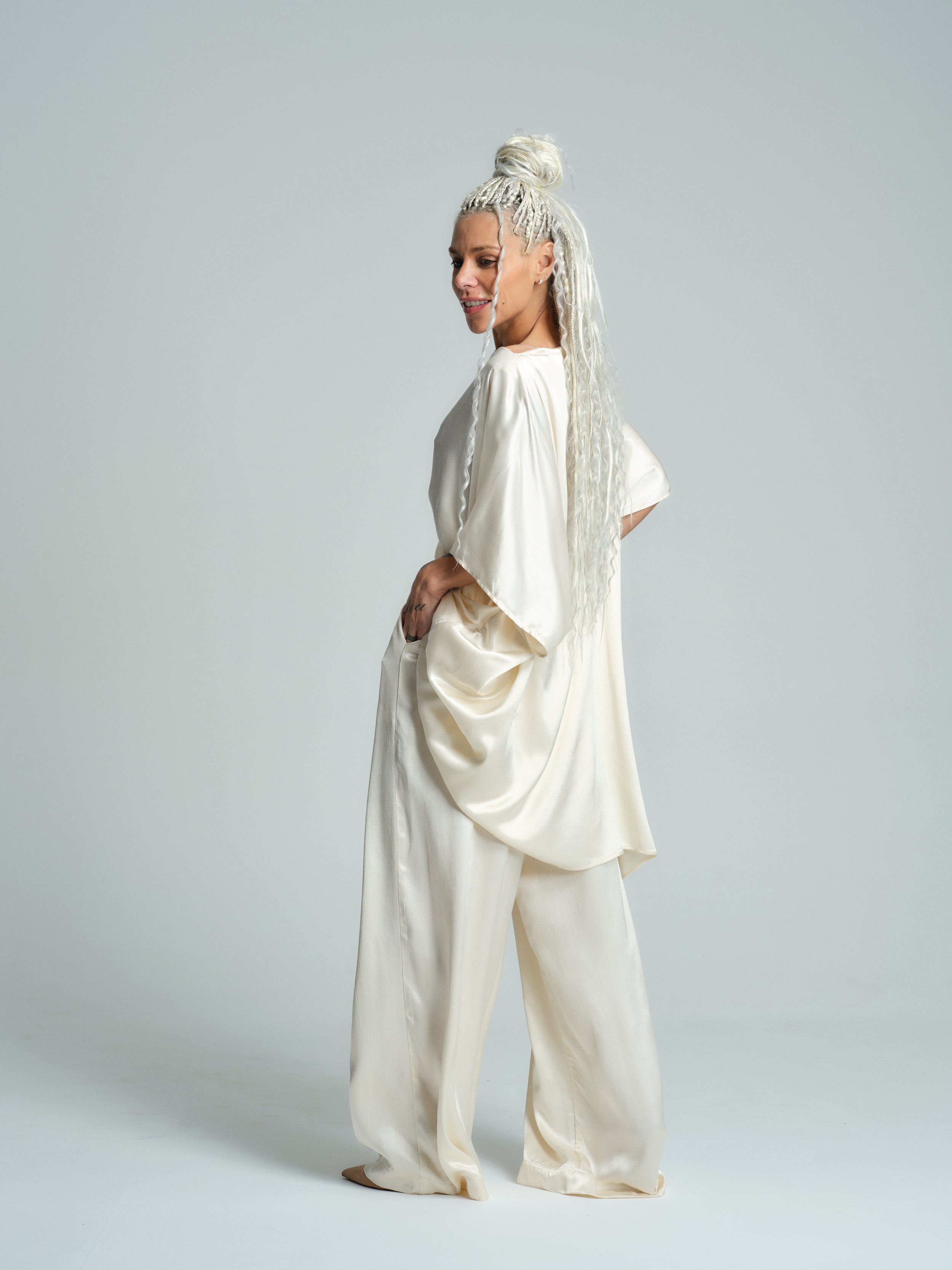 Ivory Satin Draped Top & Relaxed Pants Co-Ord Set