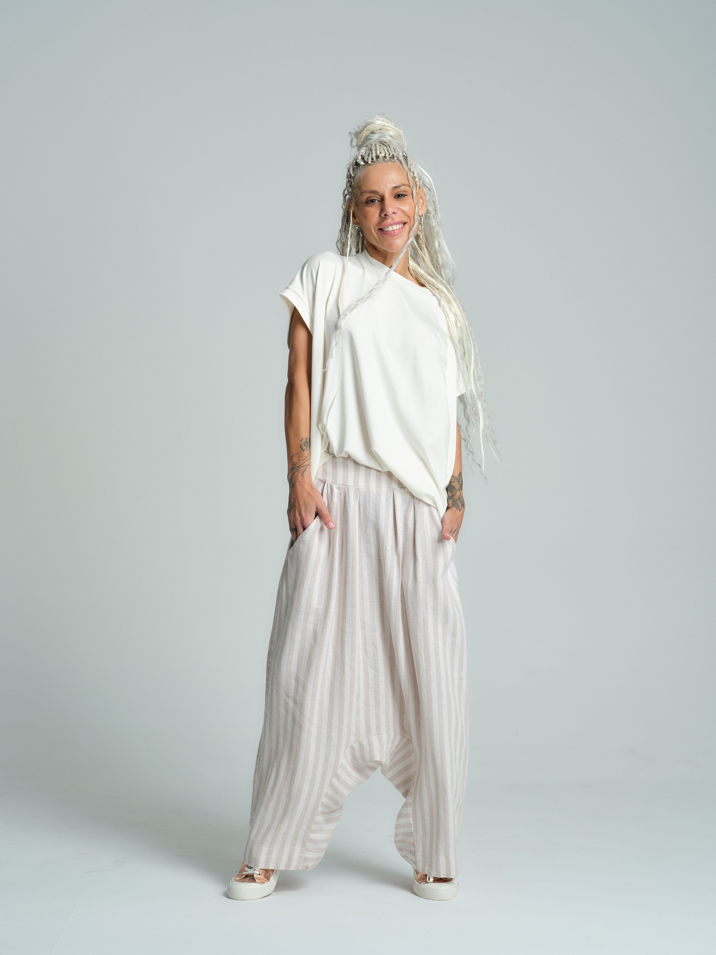 Beige Striped Linen-Blend Harem Pants