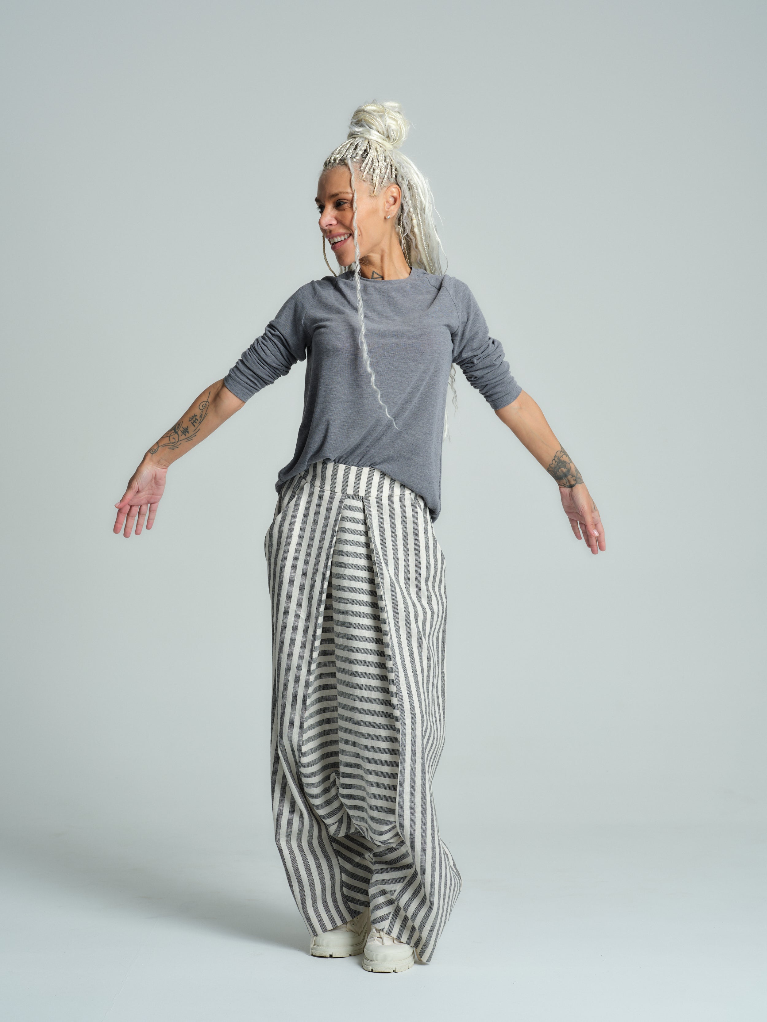 Grey Striped Linen-Blend Harem Pants