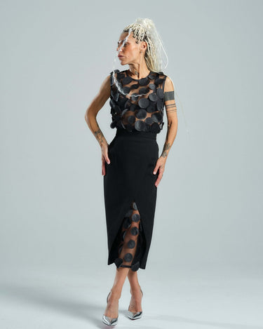 Appliqué-Detailed Mesh Top & Pencil Skirt Co-Ord Set