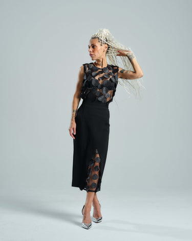 Appliqué-Detailed Mesh Top & Pencil Skirt Co-Ord Set