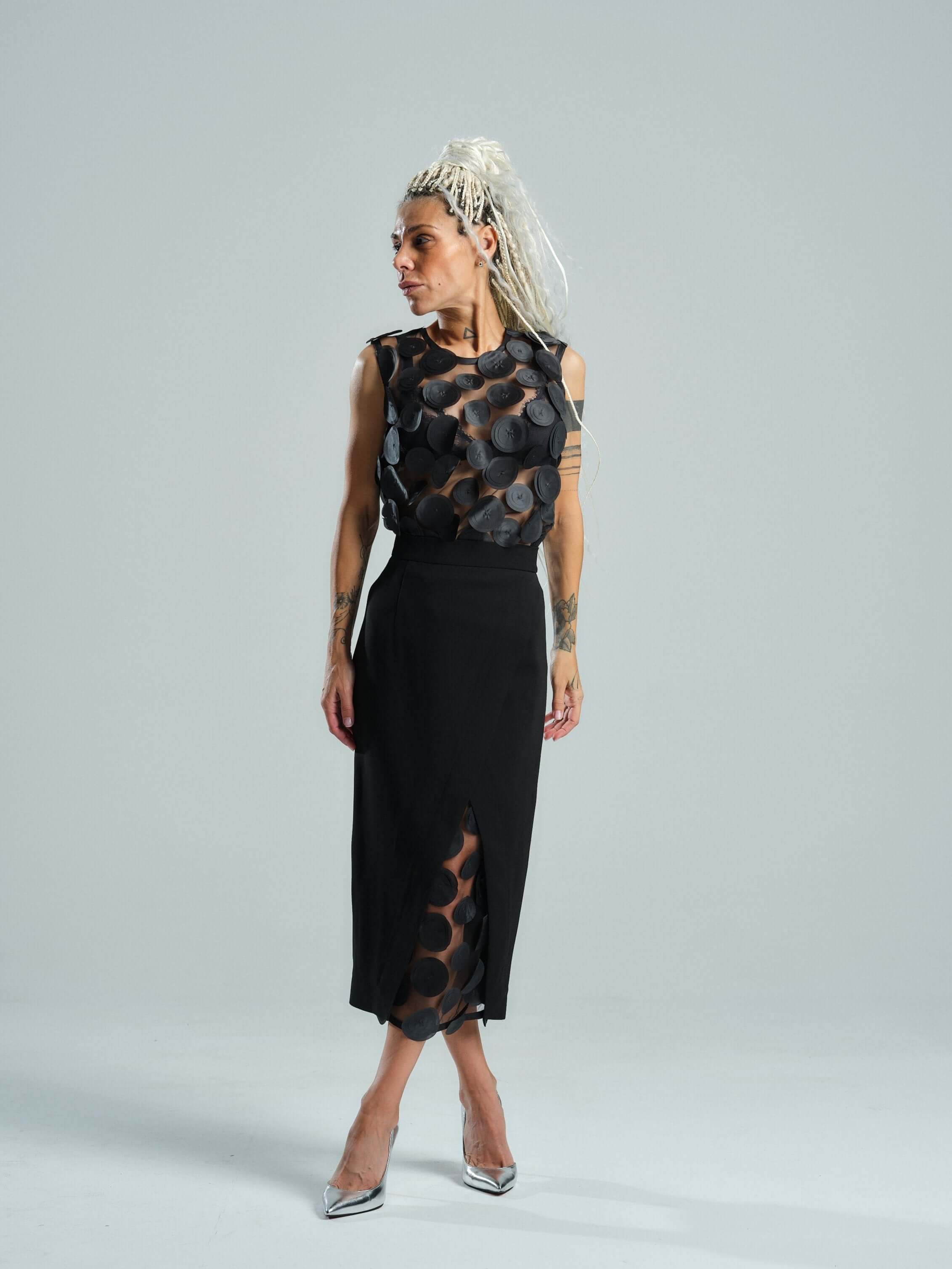 Appliqué-Detailed Mesh Top & Pencil Skirt Co-Ord Set