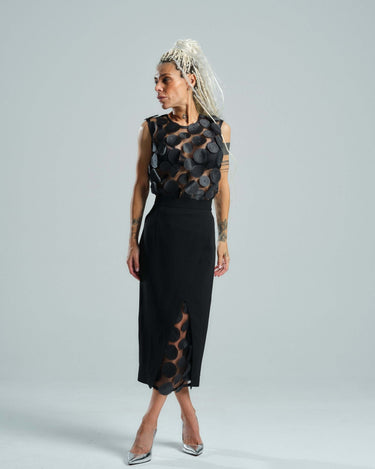 Appliqué-Detailed Mesh Top & Pencil Skirt Co-Ord Set
