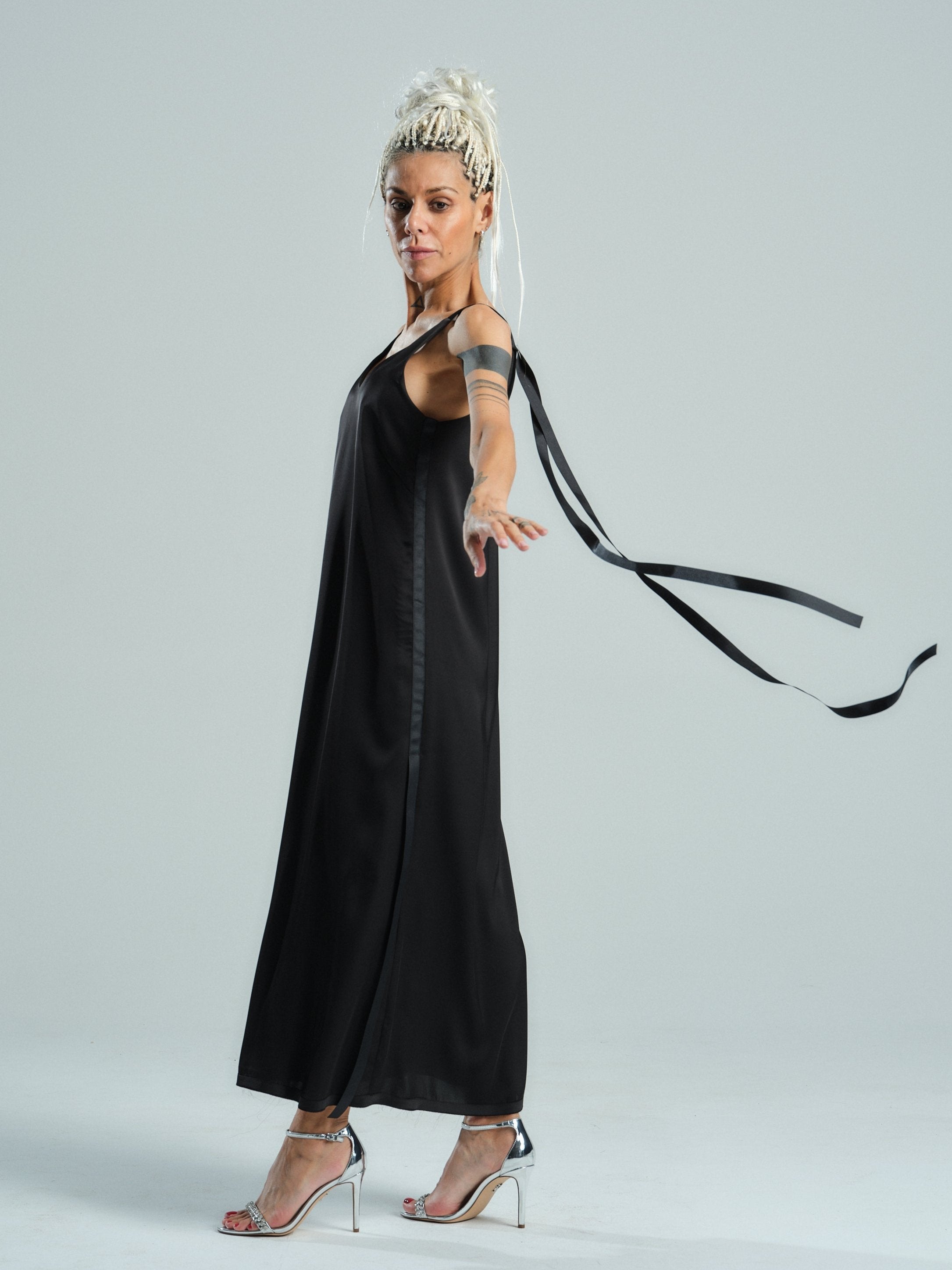 Tie-Detailed Black Midi Dress