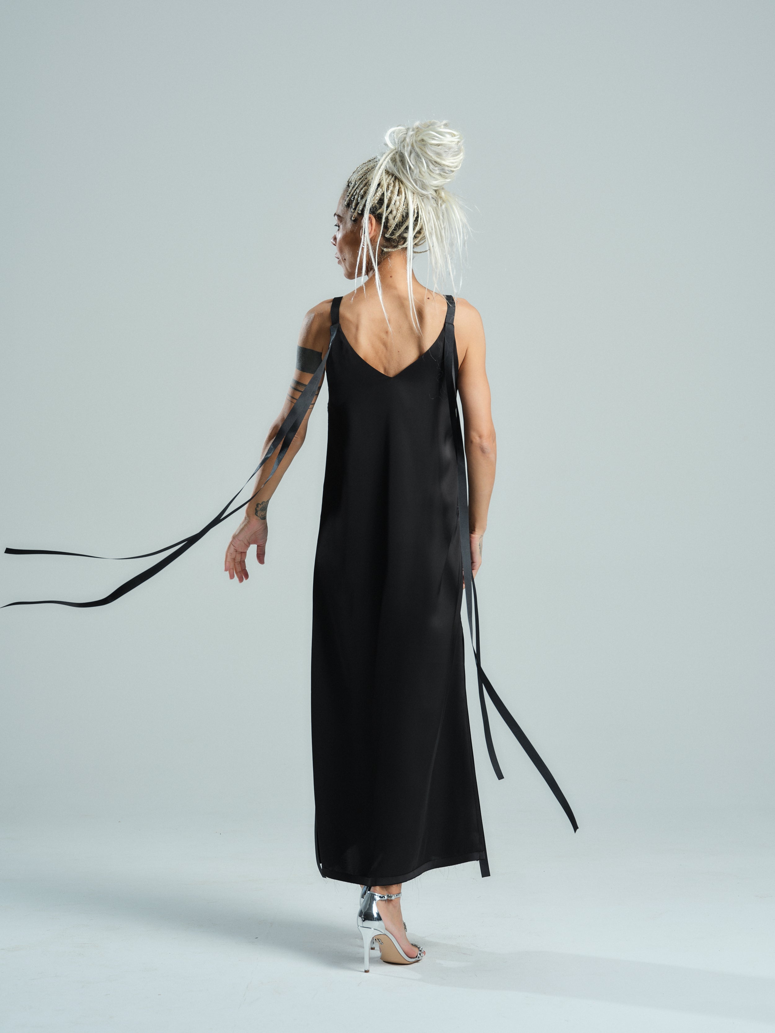 Tie-Detailed Black Midi Dress