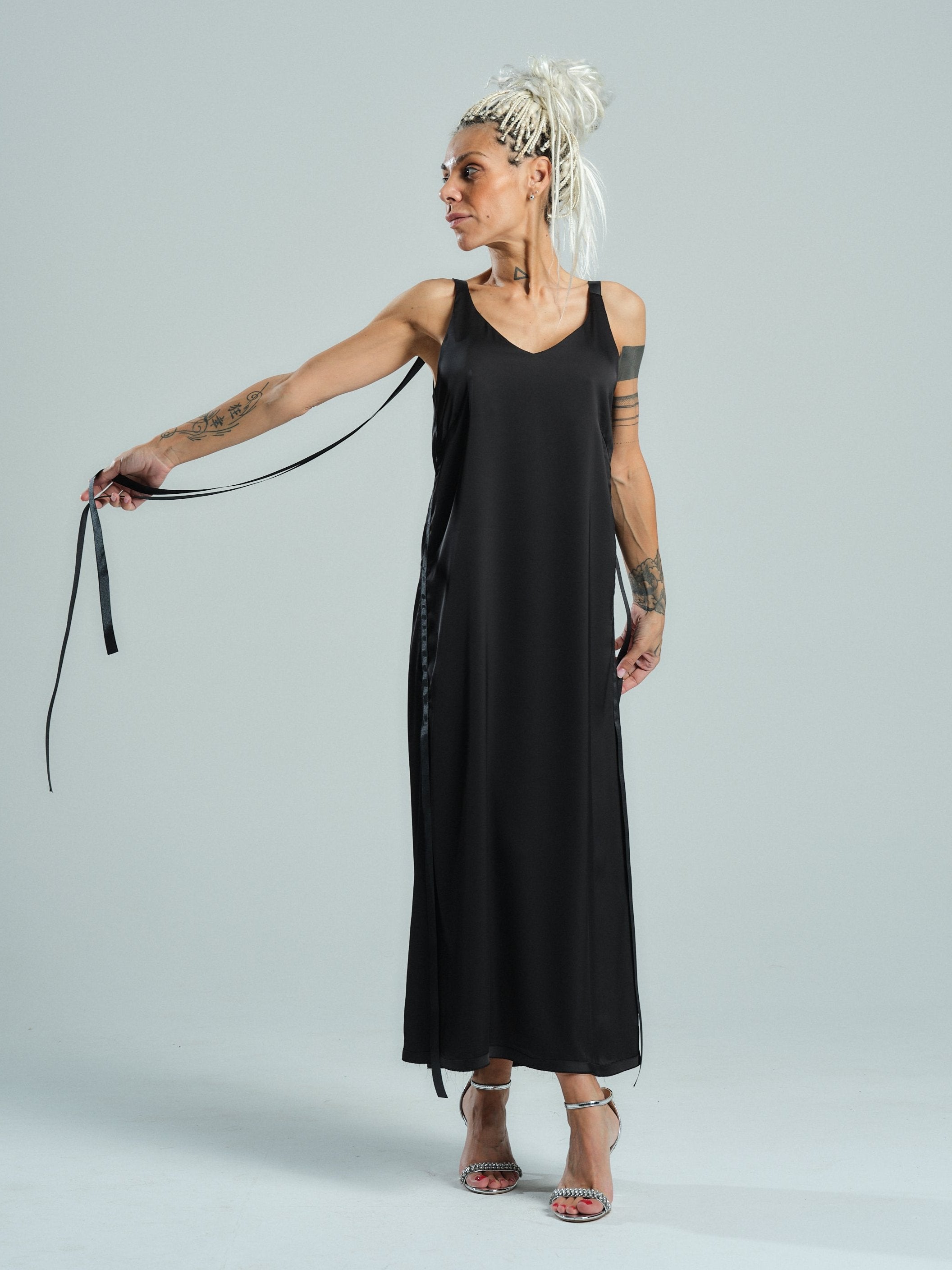 Tie-Detailed Black Midi Dress