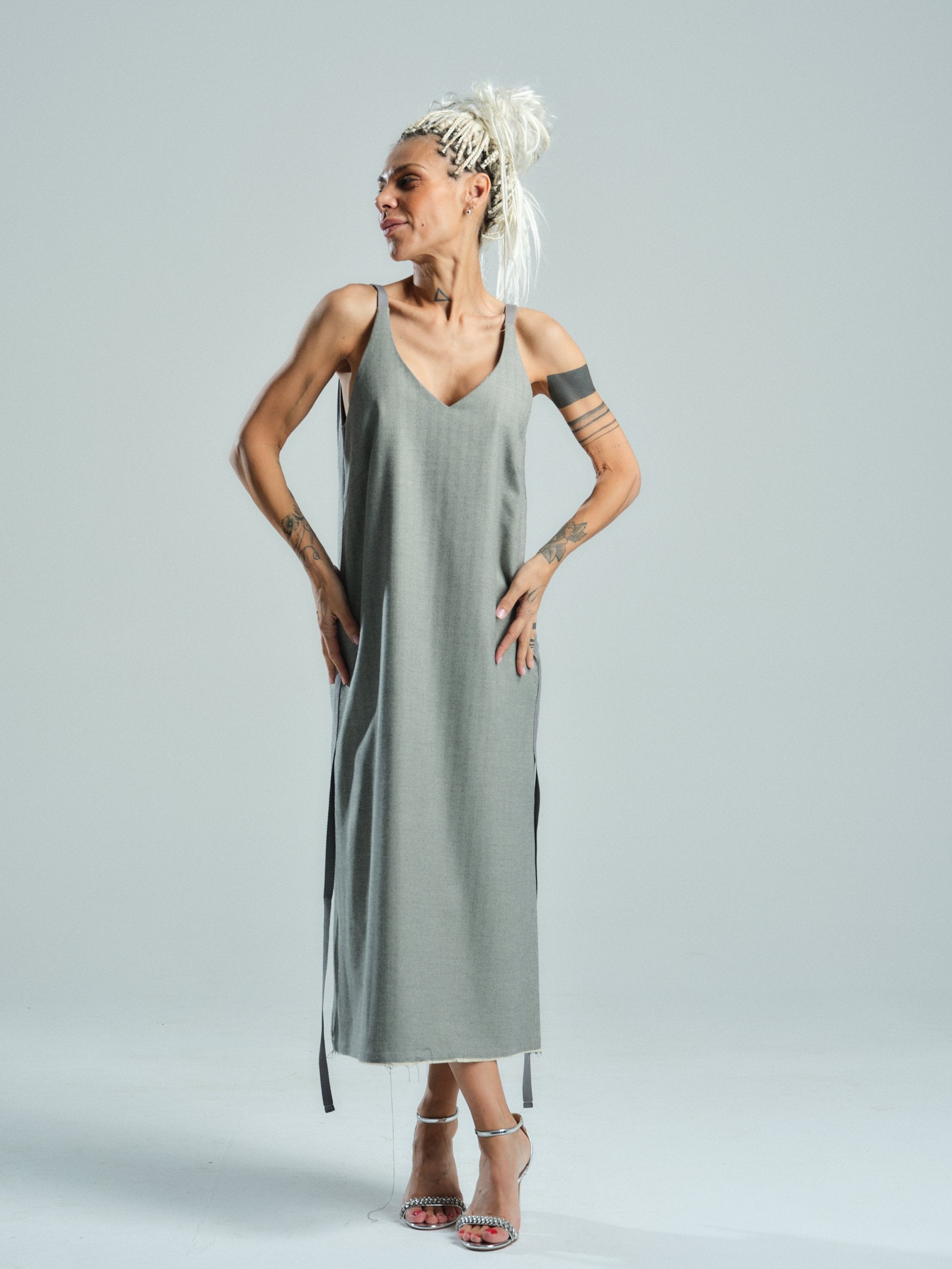 Tie-Detailed Grey Midi Dress