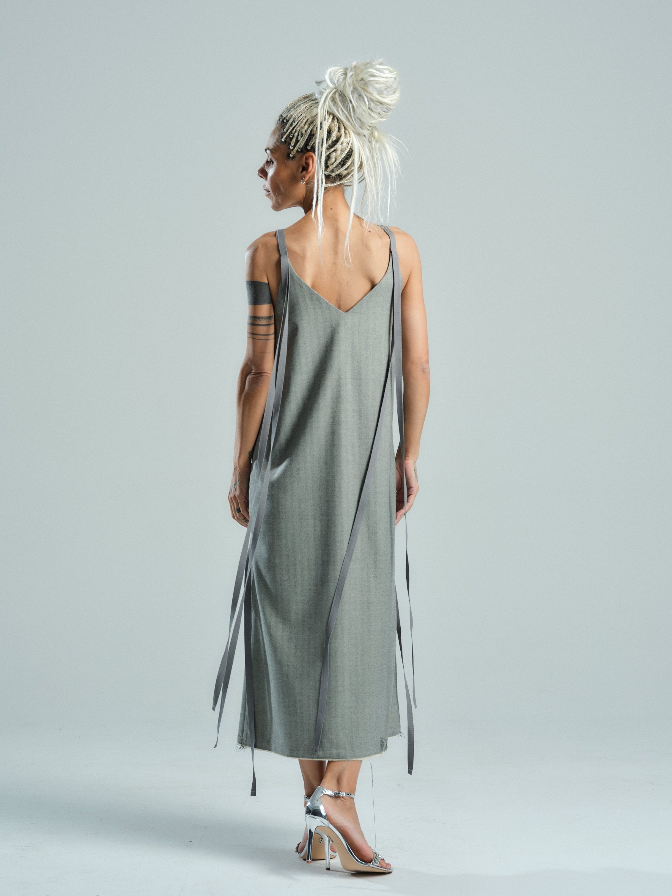 Tie-Detailed Grey Midi Dress