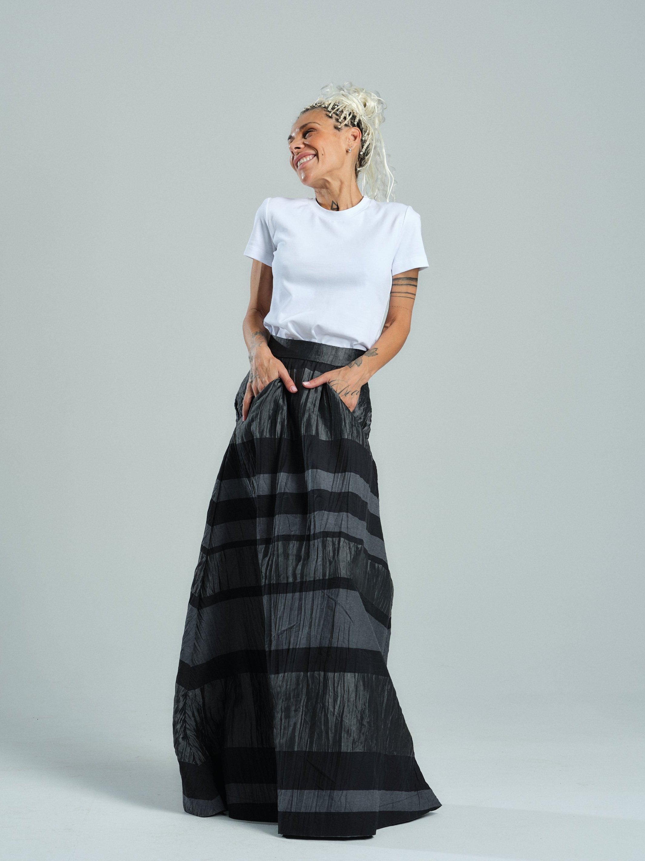 Striped Pleated Maxi Skirt