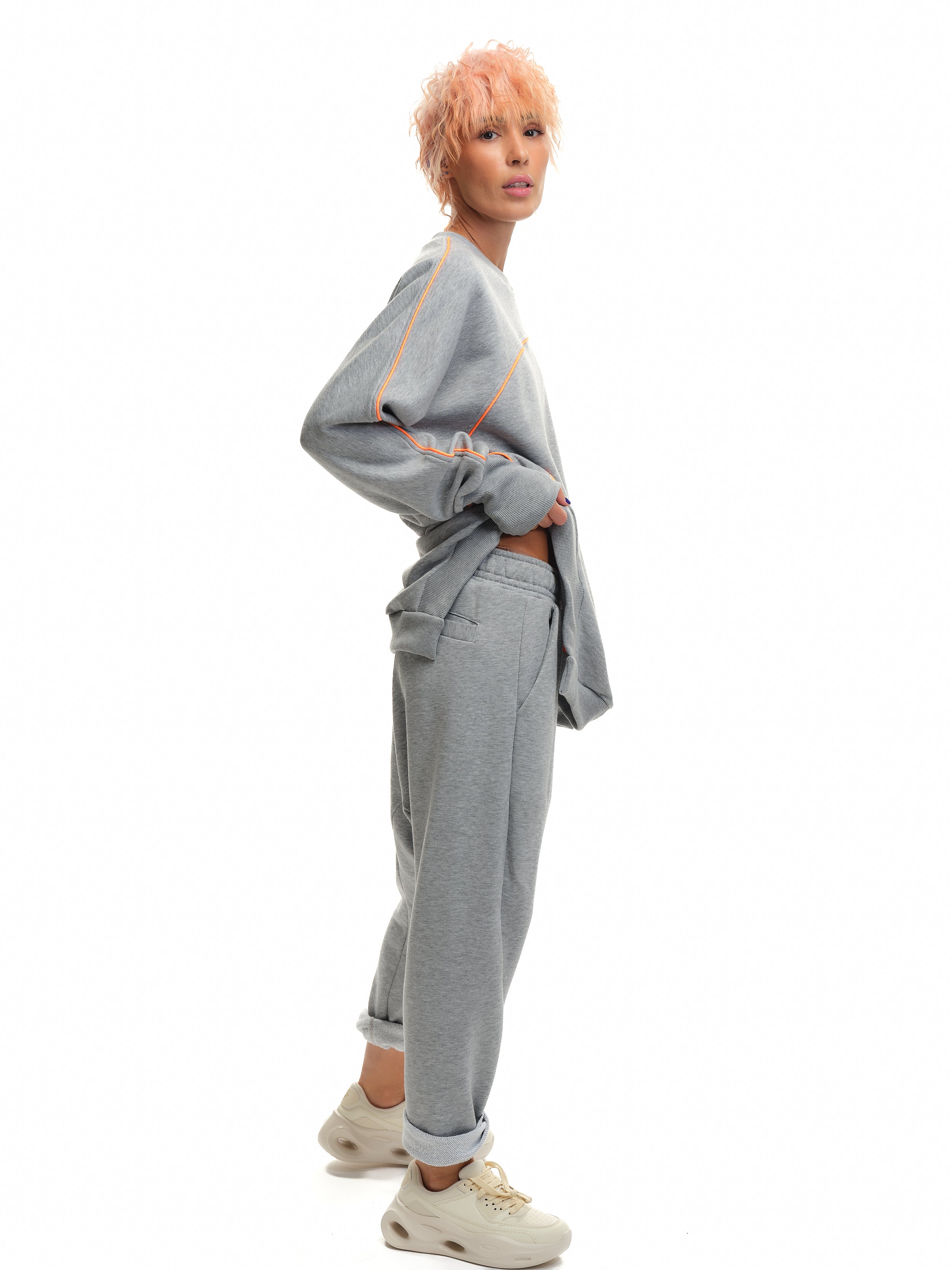 Asymmetric Grey & Orange Sweatsuit Set