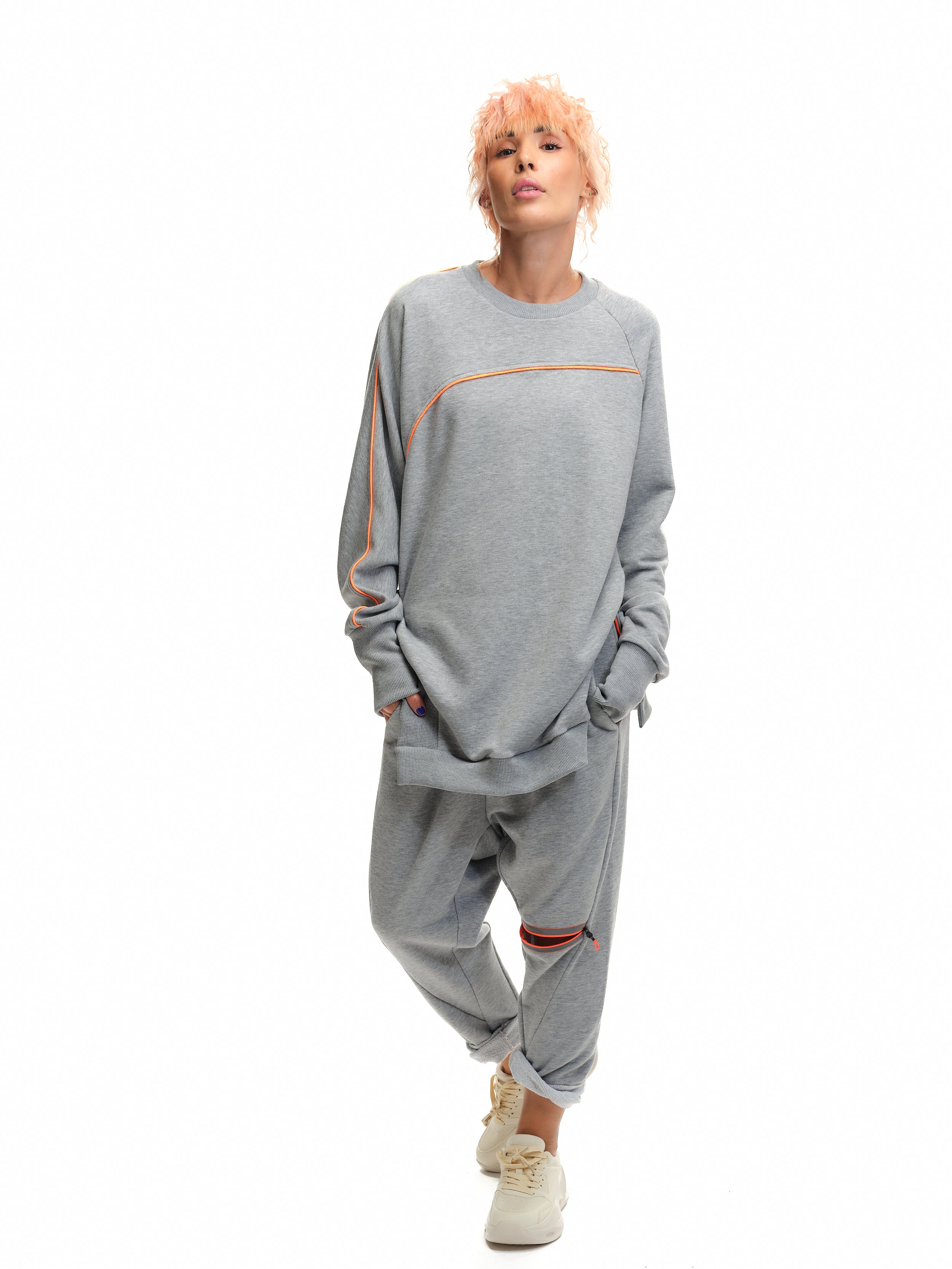 Asymmetric Grey & Orange Sweatsuit Set