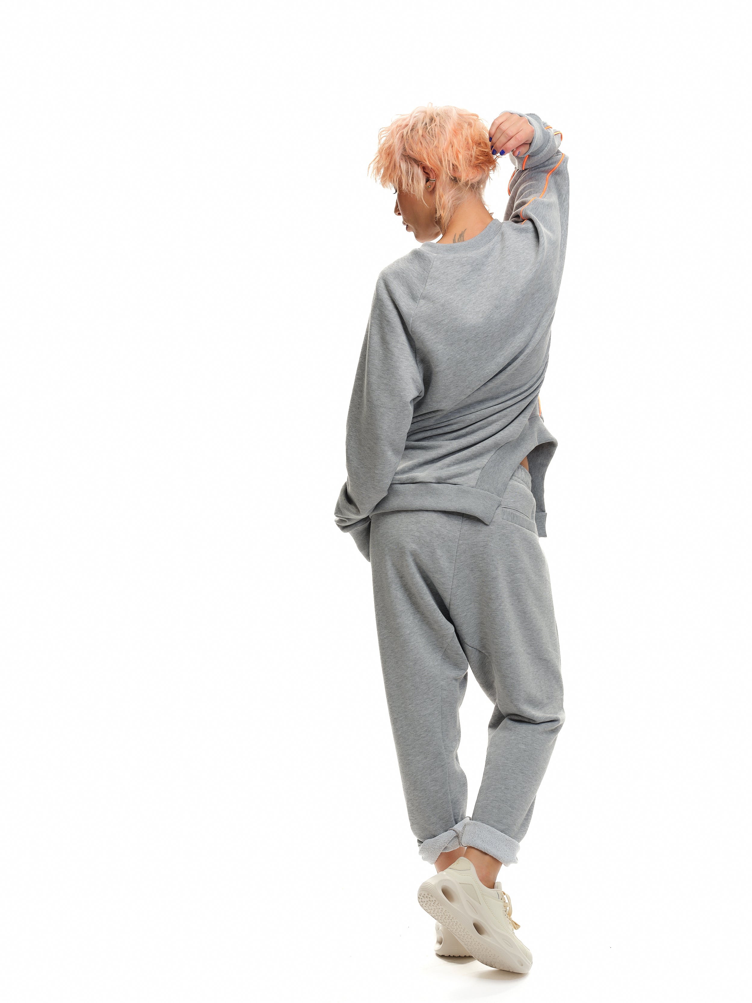 Asymmetric Grey & Orange Sweatsuit Set