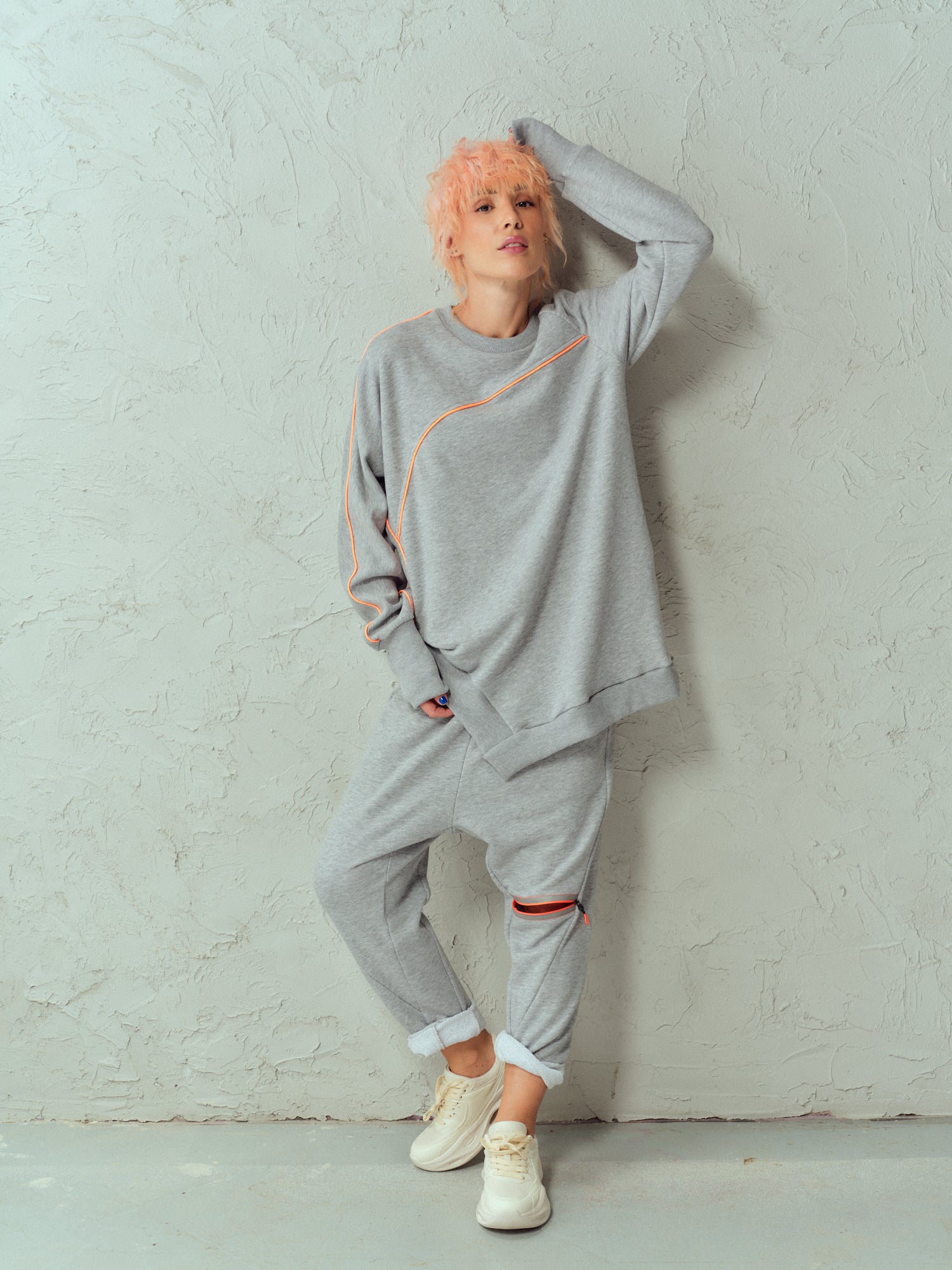 Asymmetric Grey & Orange Sweatsuit Set