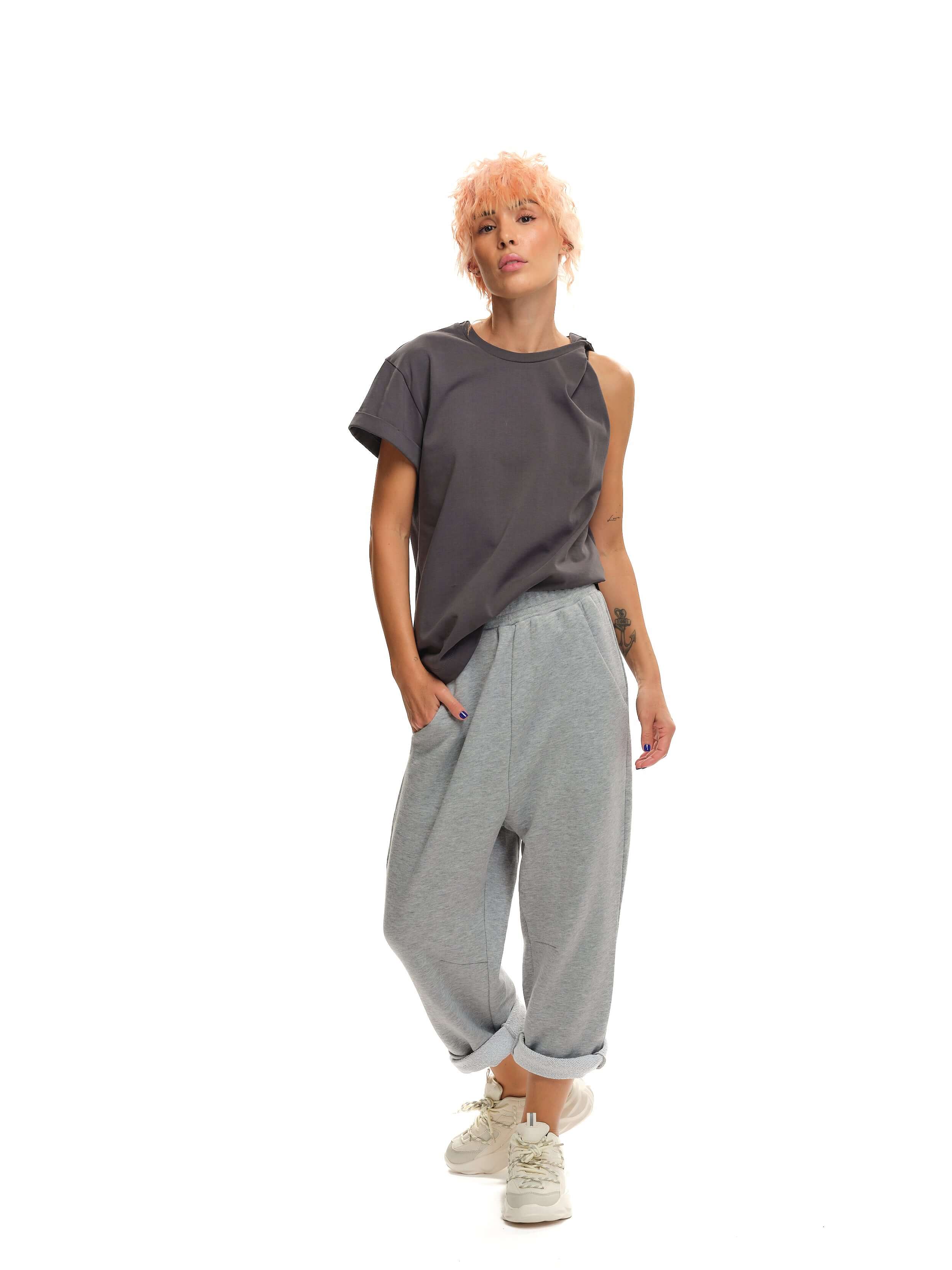 Charcoal Twist-Shoulder Top