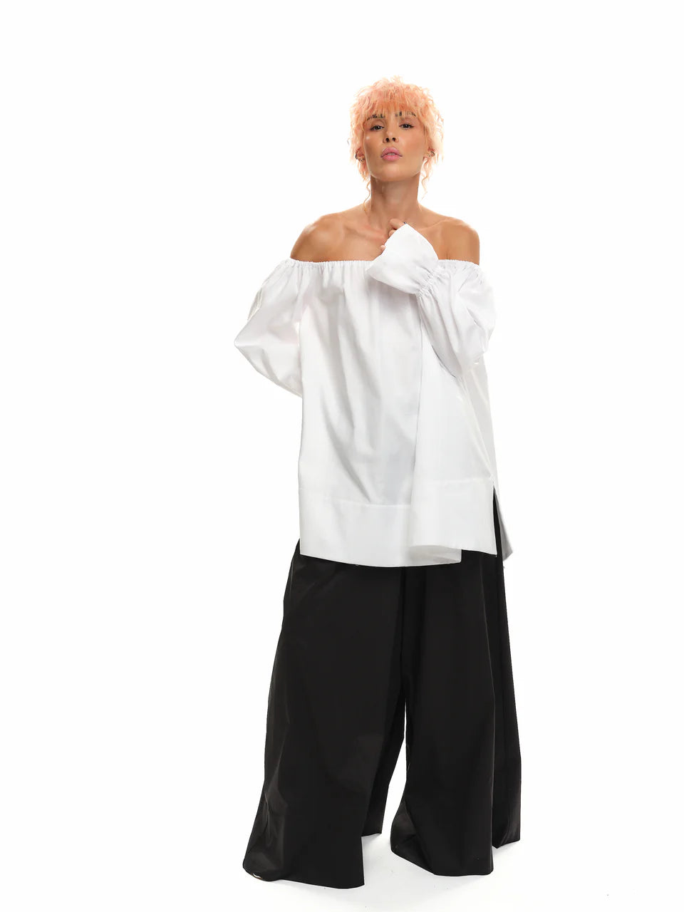 Black Wide-Leg Pants & White Off-The-Shoulder Top outfit set