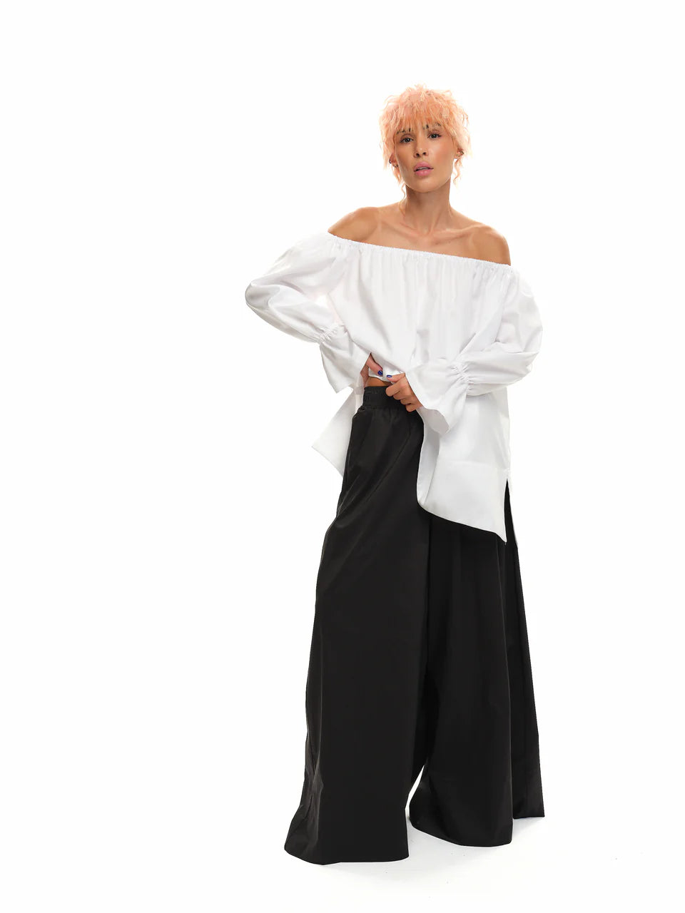 Black Wide-Leg Pants & White Off-The-Shoulder Top outfit set