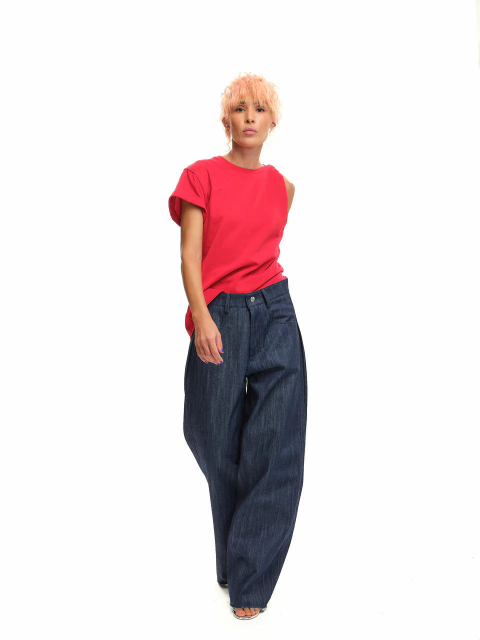 Balloon Mid-Rise Jeans & Red Twist-Shoulder Blouse