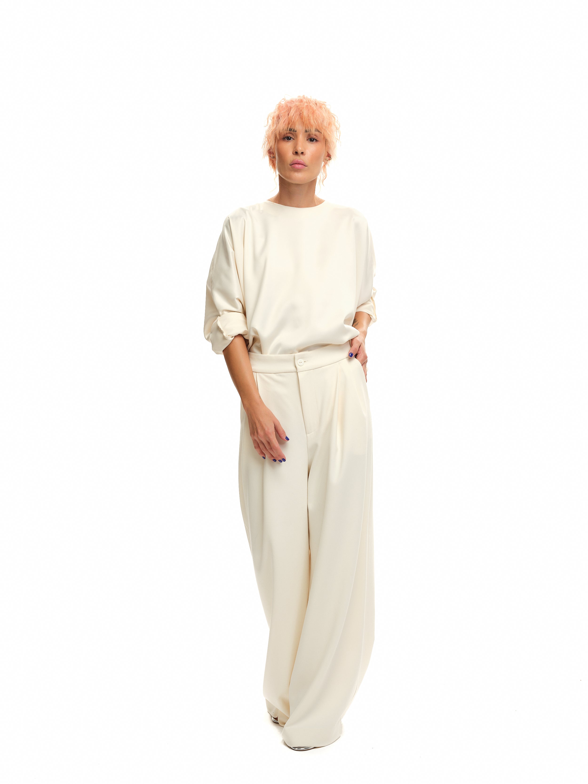 Cream Mid-Rise Wide-Leg Pants