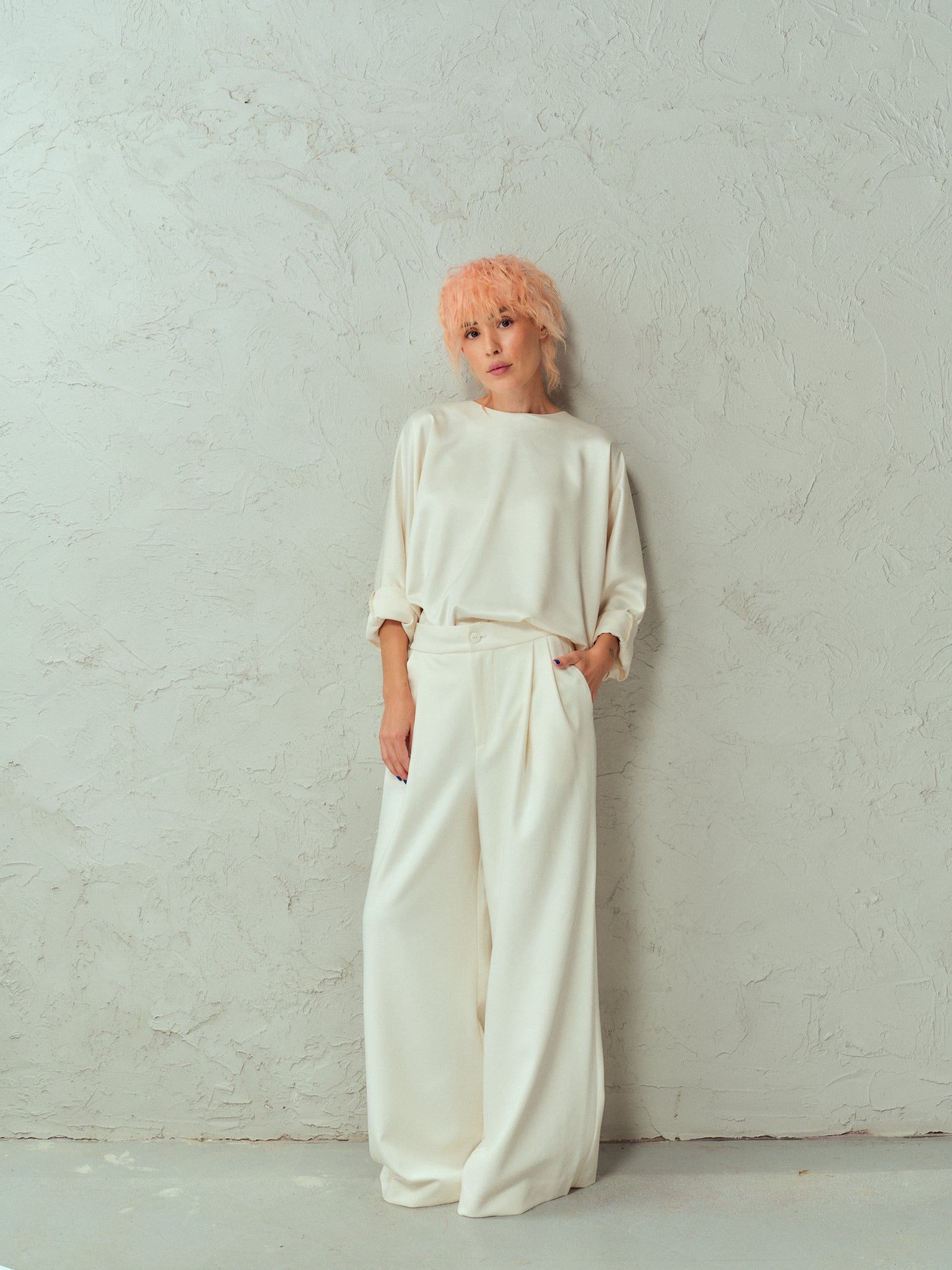 Cream Mid-Rise Wide-Leg Pants