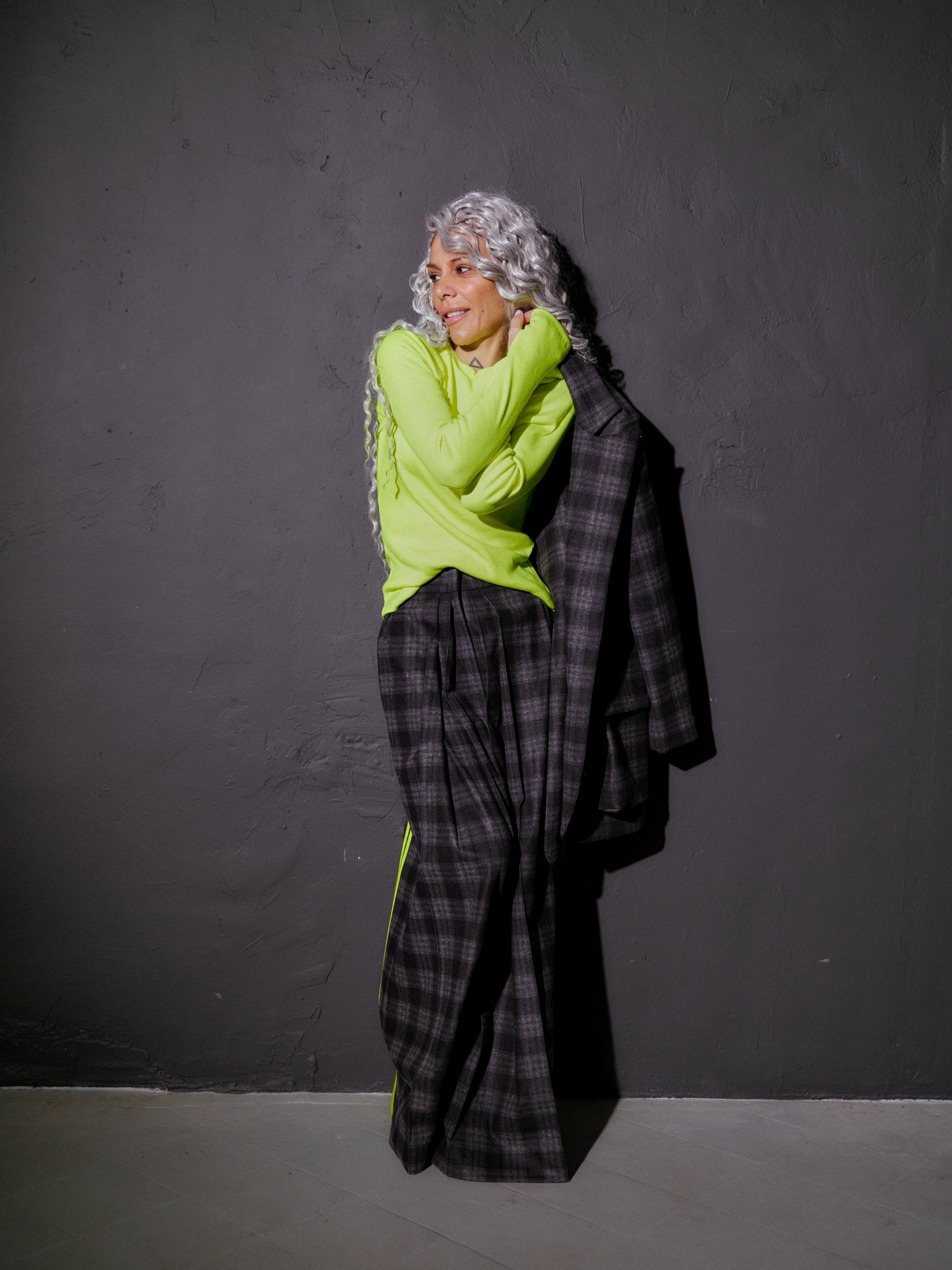 Plaid Wide-Leg Pants with Neon Piping